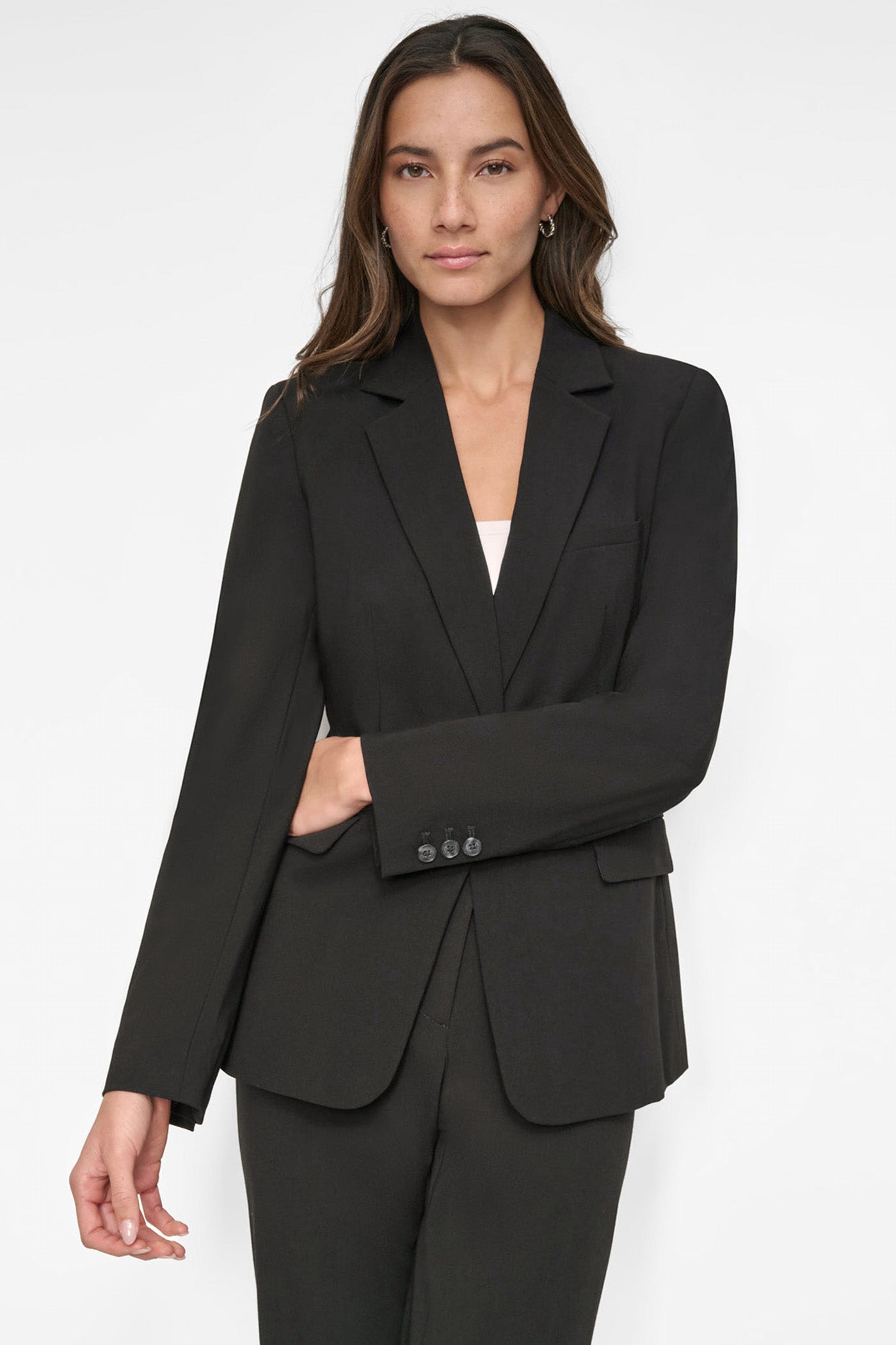 Black ONE BUTTON JACKET, FRONT VIEW | New Arrivals