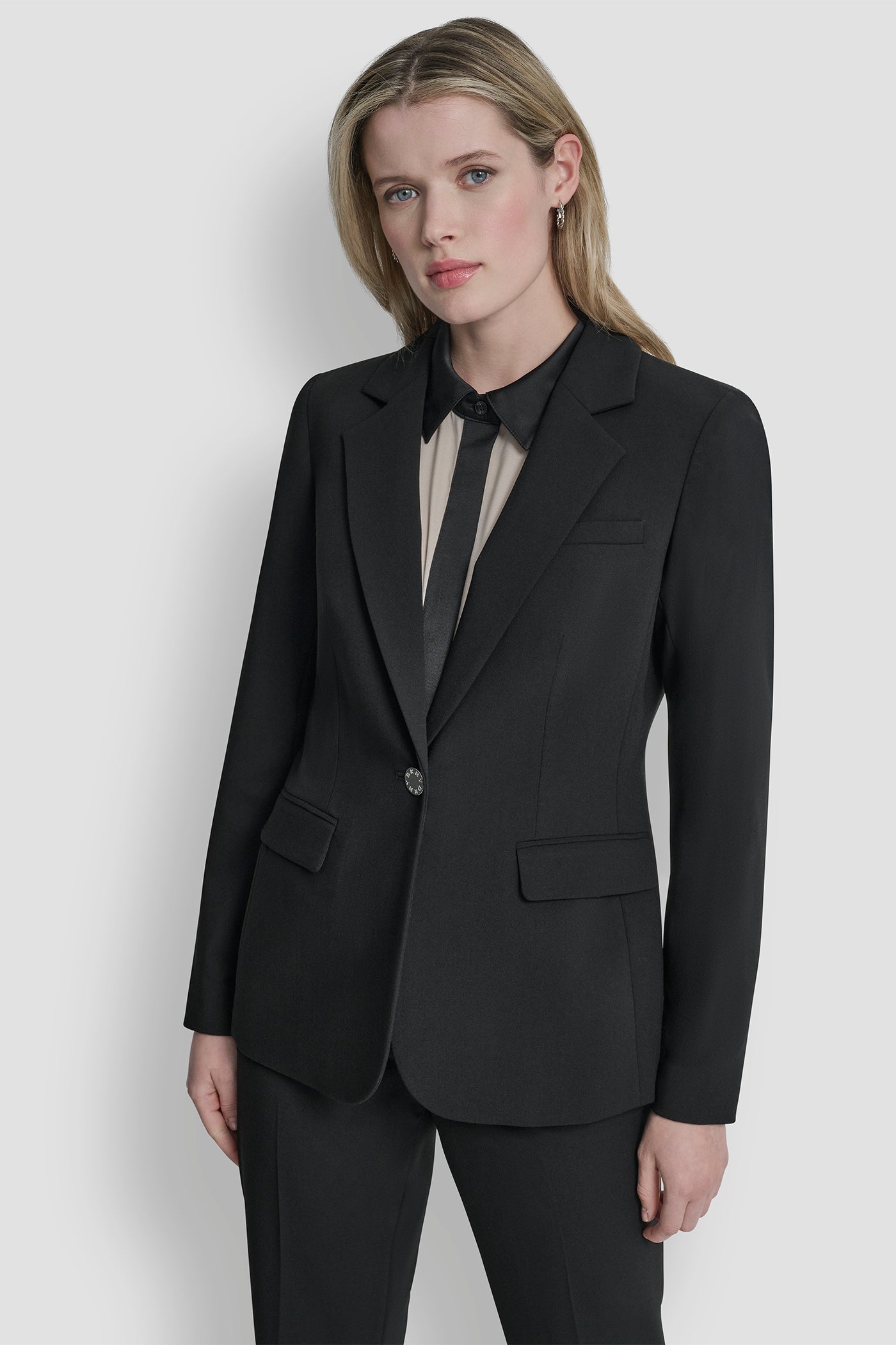 Black SINGLE BUTTON BLAZER, FRONT VIEW | Jackets & Blazers