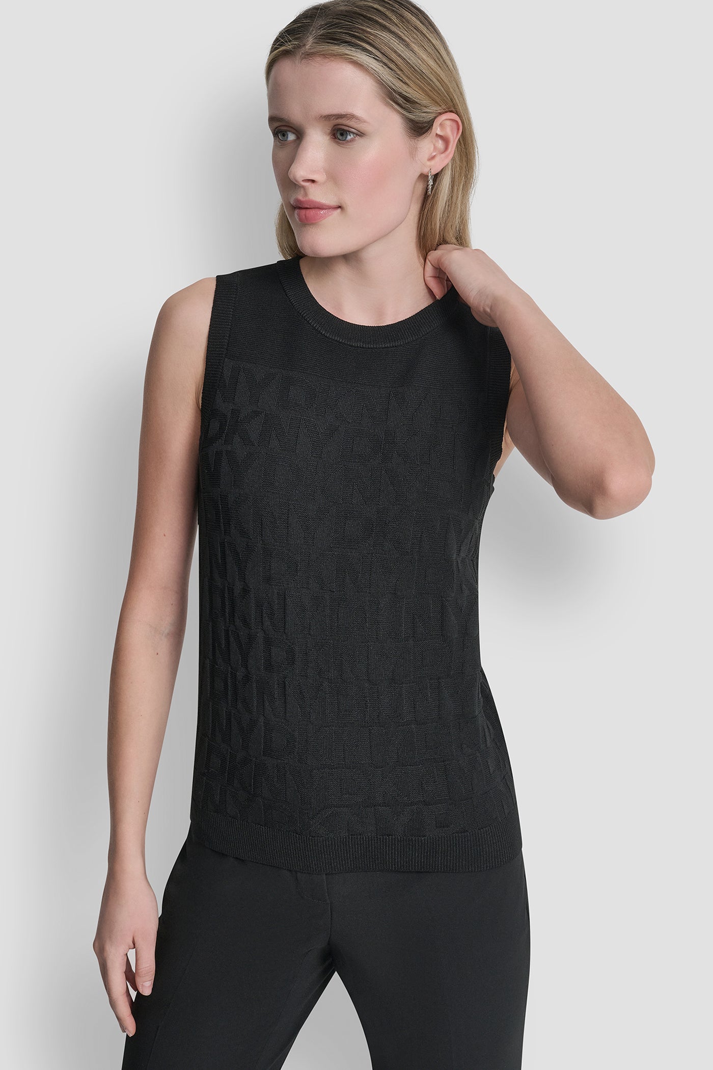 Black SWEATER TANK WITH ALL OVER LOGO, FRONT VIEW | WOMEN'S SWEATERS & TOPS