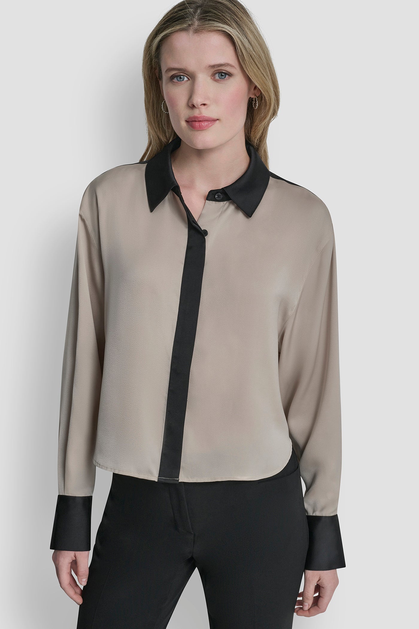 Pebble/Black COLOR BLOCK BUTTON-FRONT BLOUSE, FRONT VIEW | Clothing