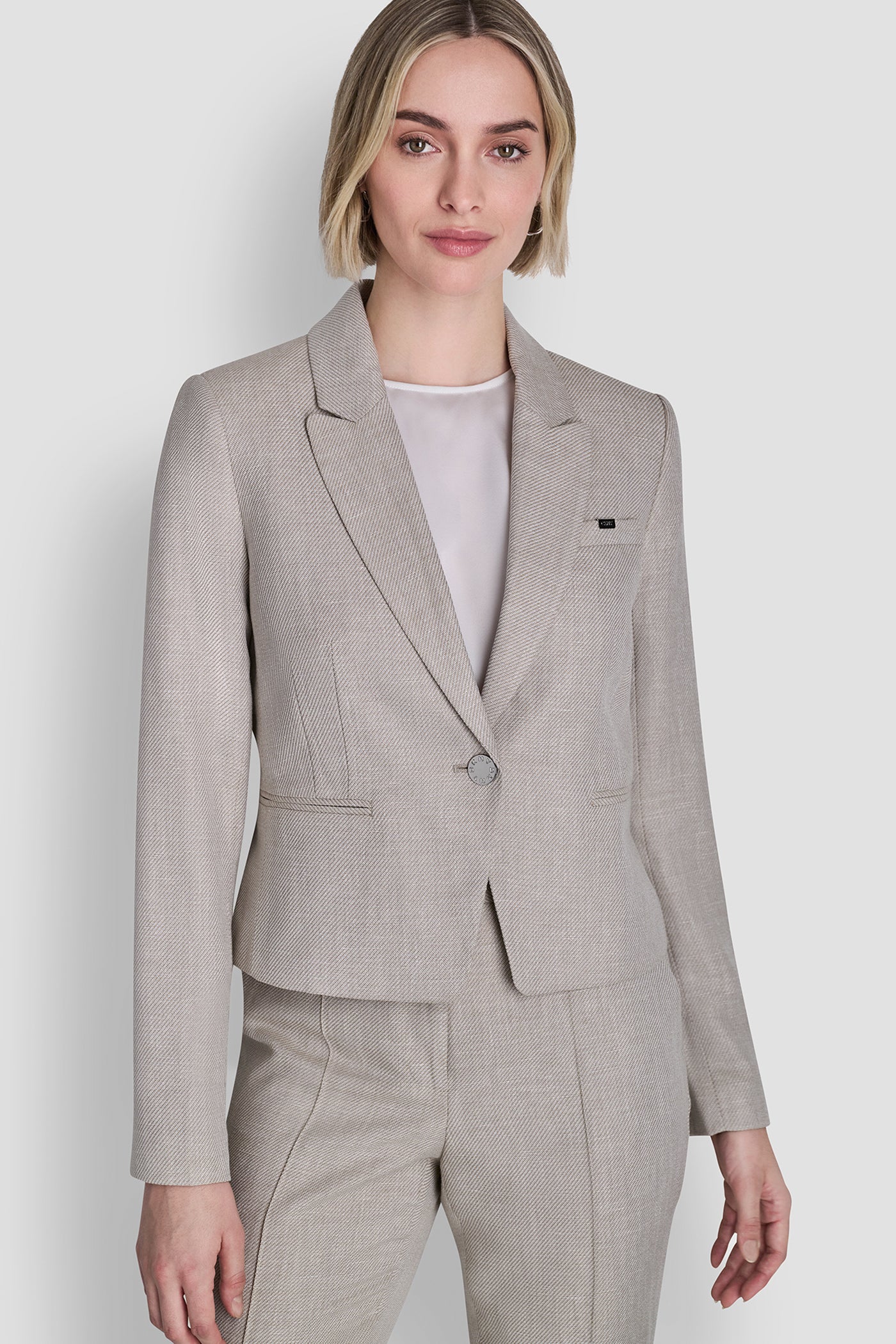 Pebble/White CROPPED SINGLE BUTTON BLAZER, FRONT VIEW | WOMENS COATS & JACKETS