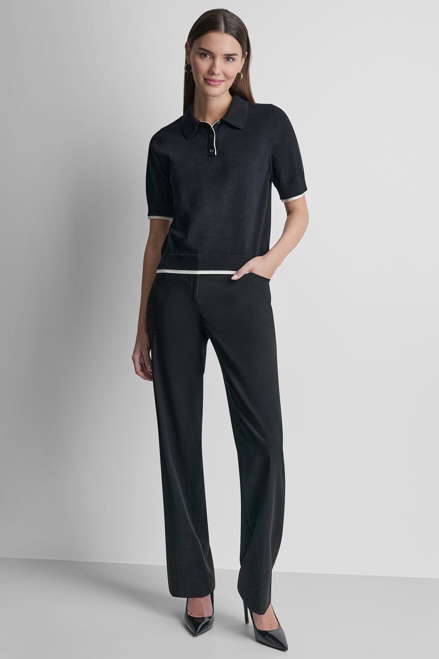 Black/Ivory COLOR BLOCK POLO SWEATER, BACK VIEW | WOMEN'S SWEATERS & TOPS