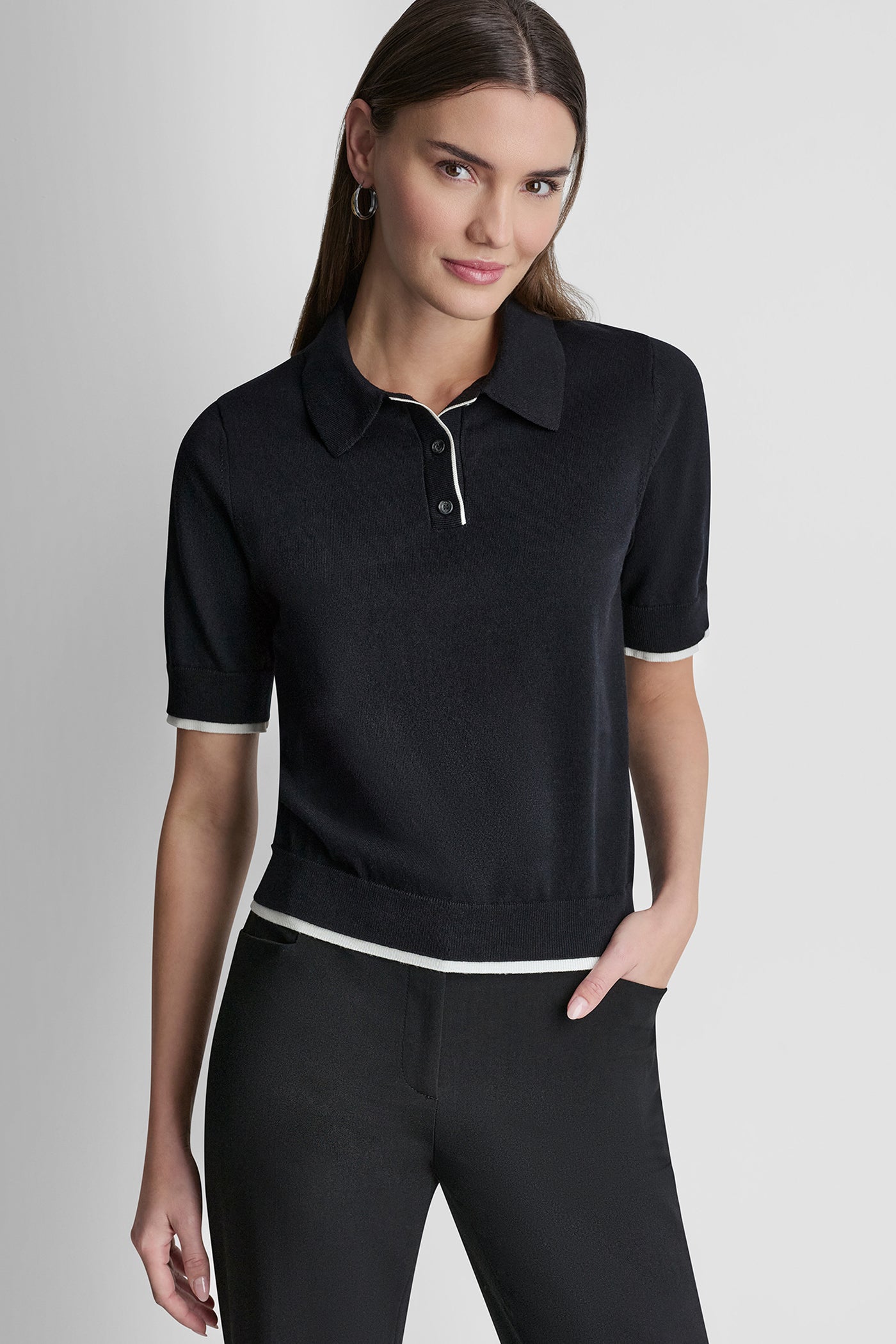 Black/Ivory COLOR BLOCK POLO SWEATER, FRONT VIEW | WOMEN'S SWEATERS & TOPS