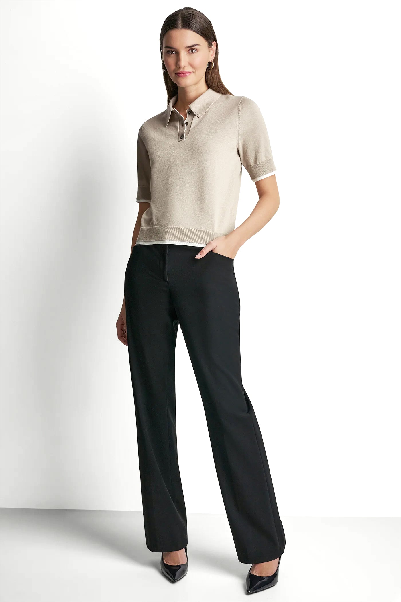Pebble/Ivory COLOR BLOCK POLO SWEATER, BACK VIEW | Spring 2026