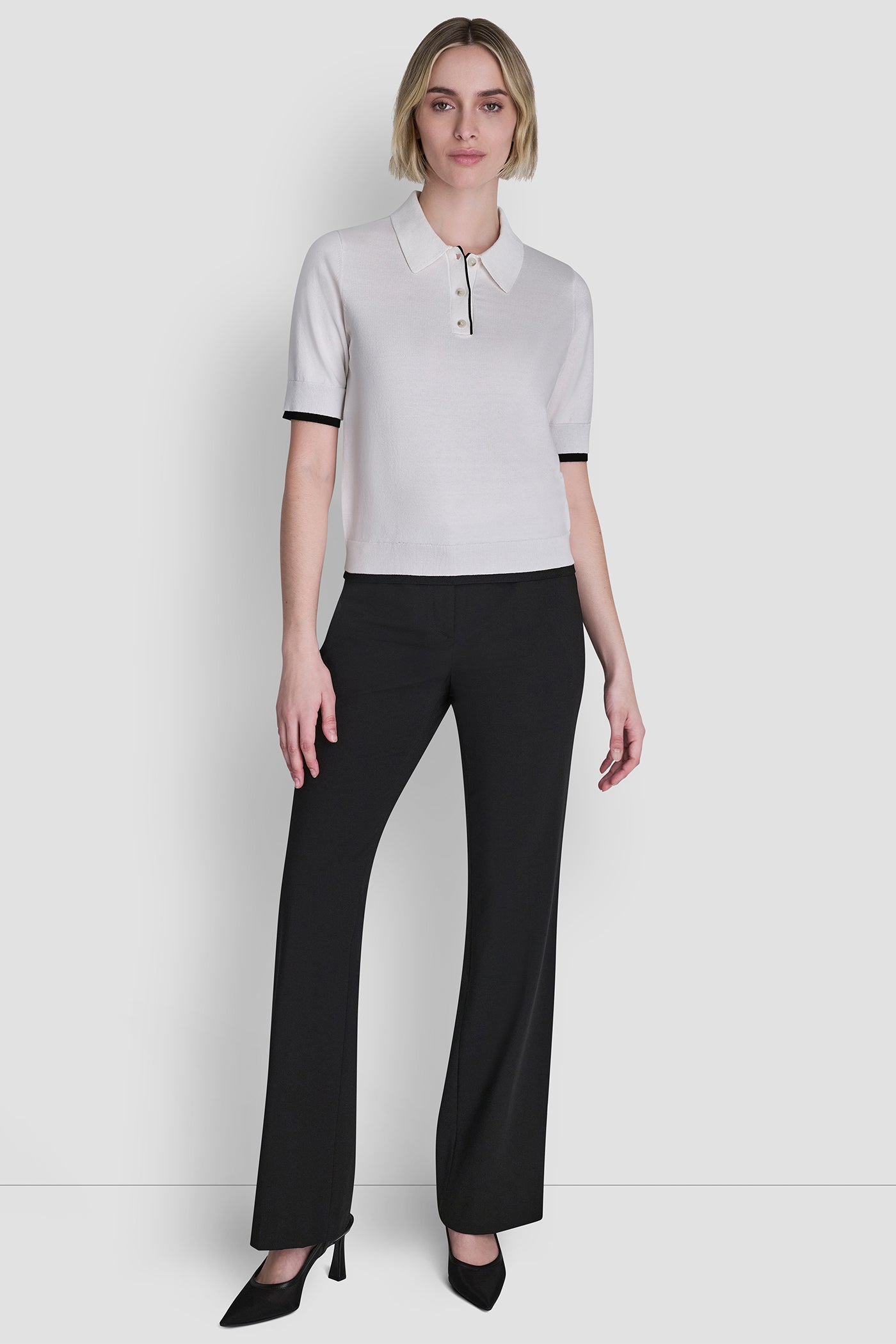 Ivory/Black COLOR BLOCK POLO SWEATER, BACK VIEW | WOMEN'S SWEATERS & TOPS