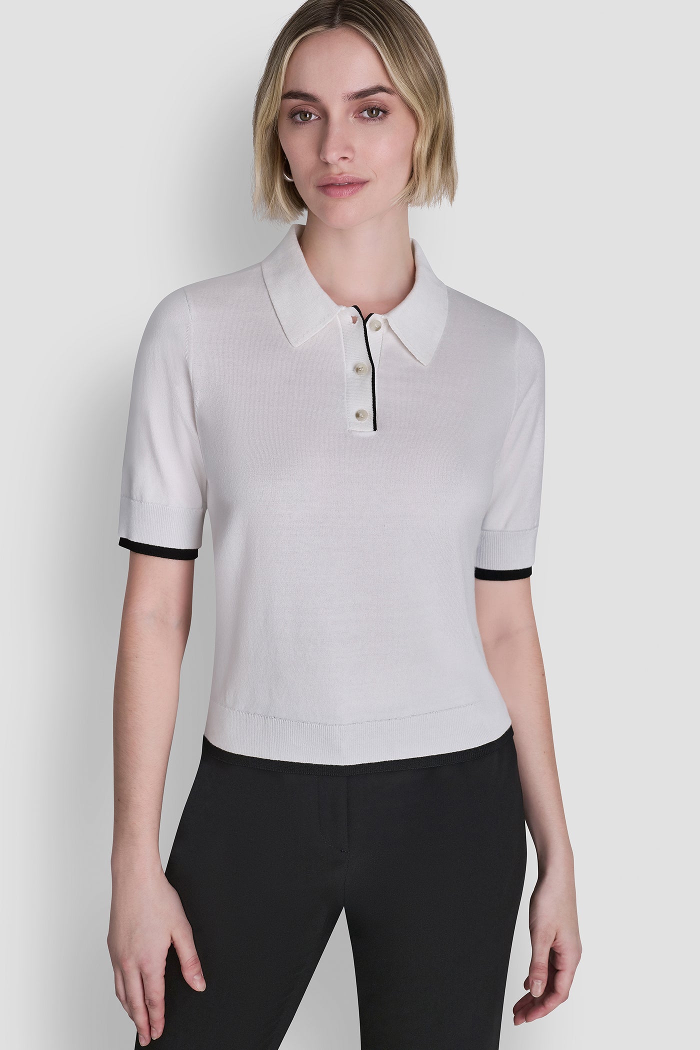 Ivory/Black COLOR BLOCK POLO SWEATER, FRONT VIEW | WOMEN'S SWEATERS & TOPS