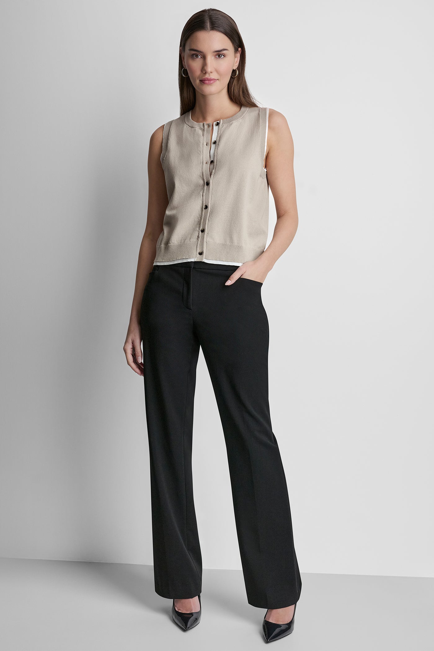 Pebble/Ivory COLOR BLOCK SLEEVELESS SWEATER VEST, BACK VIEW | WOMEN'S SWEATERS & TOPS