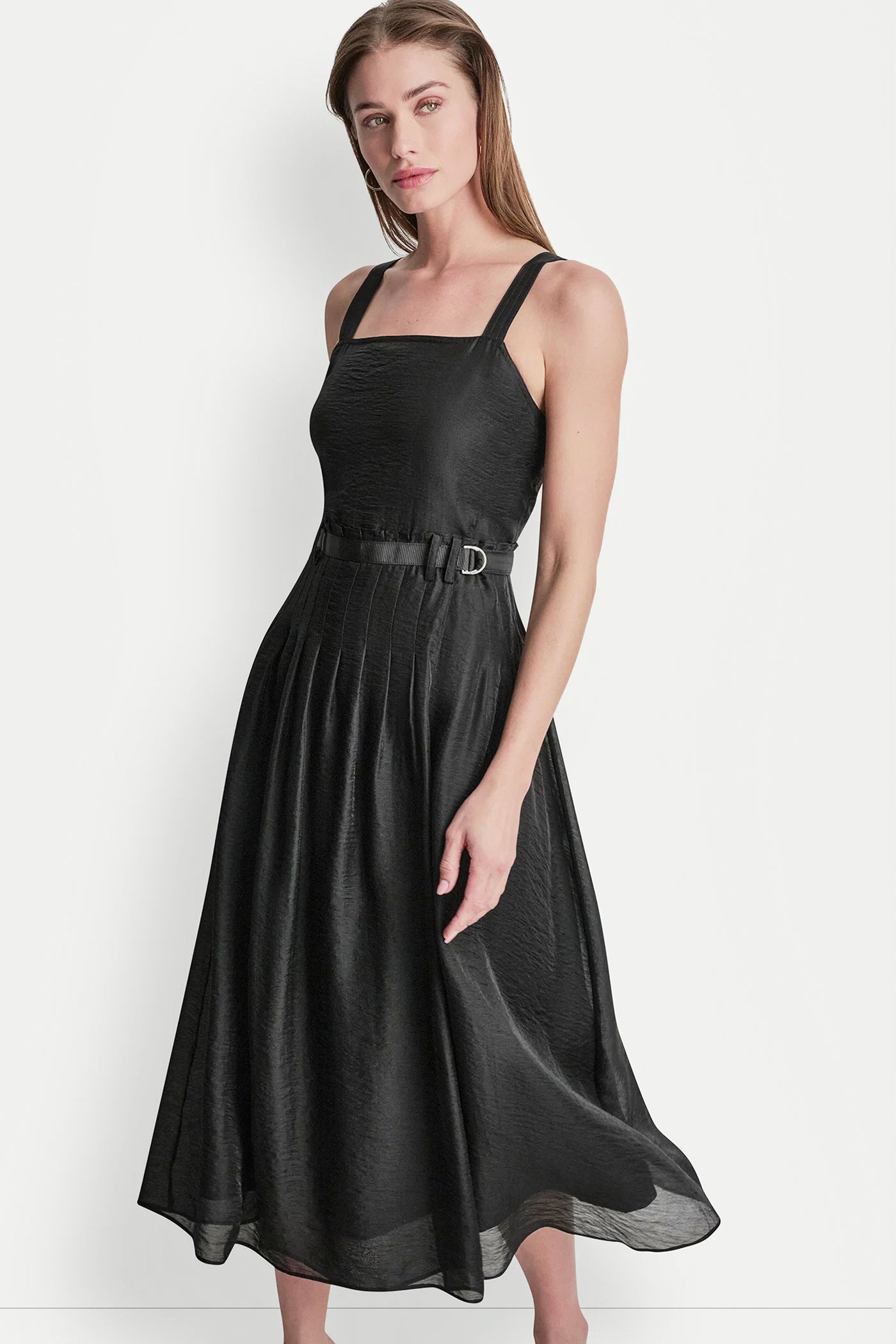 Navy BELTED PLEATED MIDI DRESS, VIEW 2