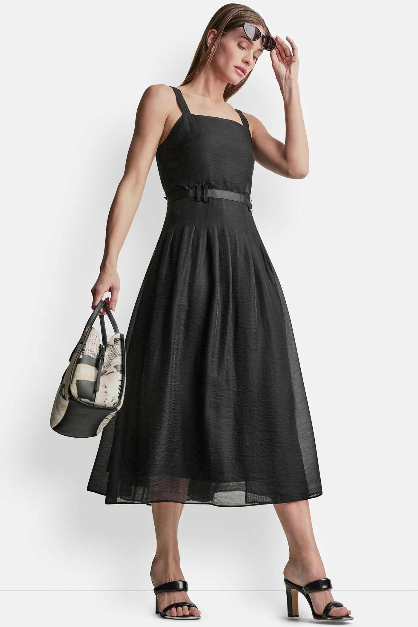 Navy BELTED PLEATED MIDI DRESS, VIEW 1