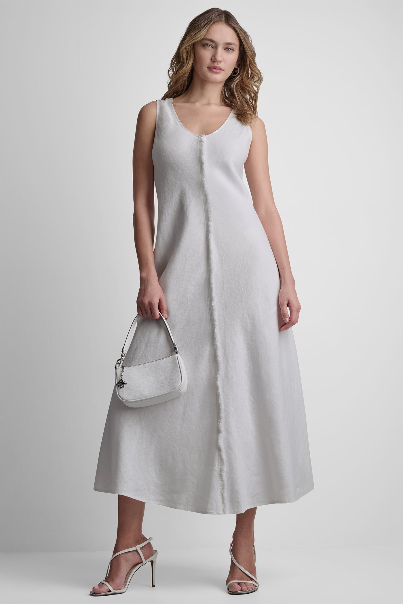 White FRAYED LINEN MAXI DRESS, VIEW 1 | Clothing