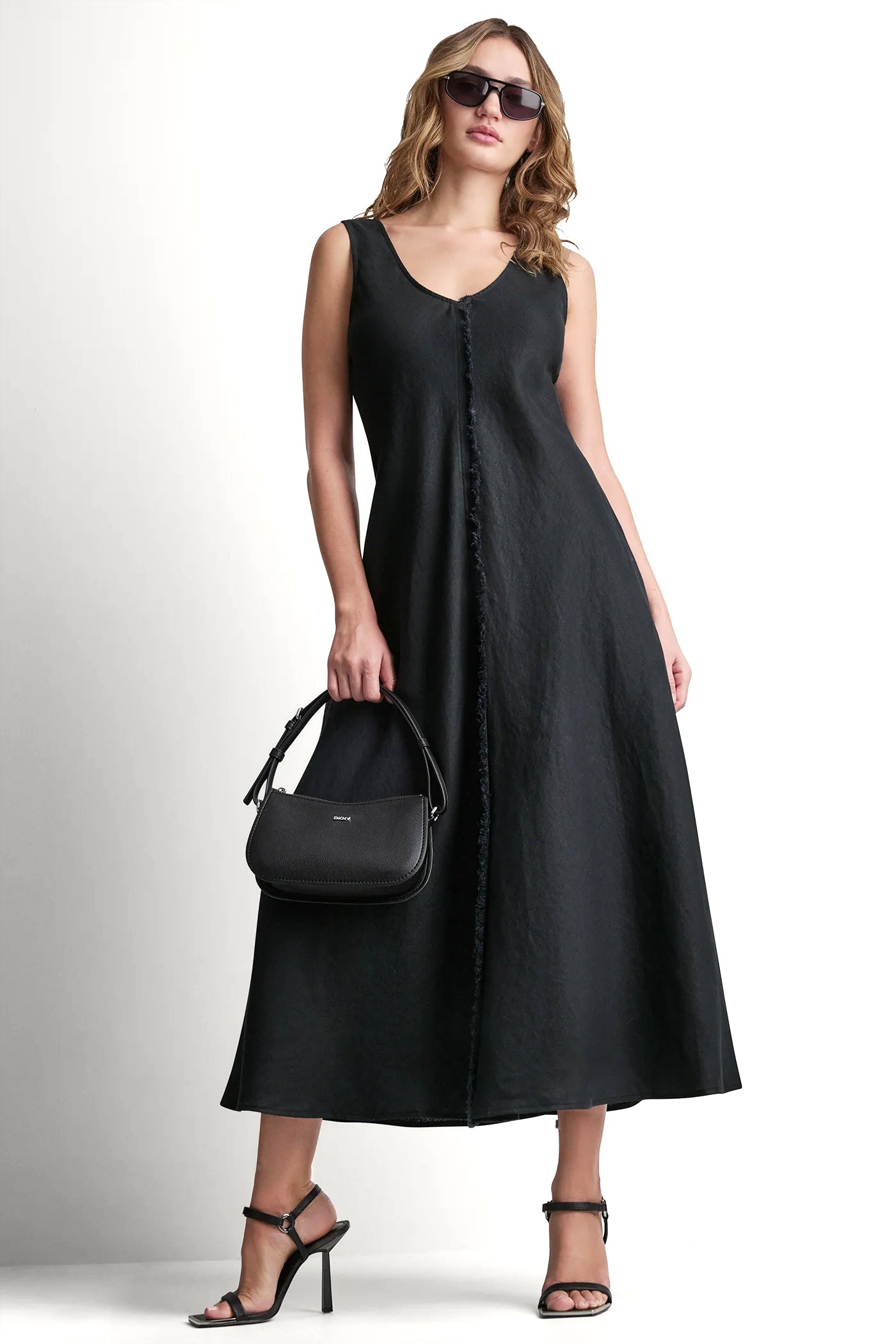 DKNY Women's Frayed Linen MAXI Dress in Black DKNY Women's Frayed Linen MAXI Dress in Black
