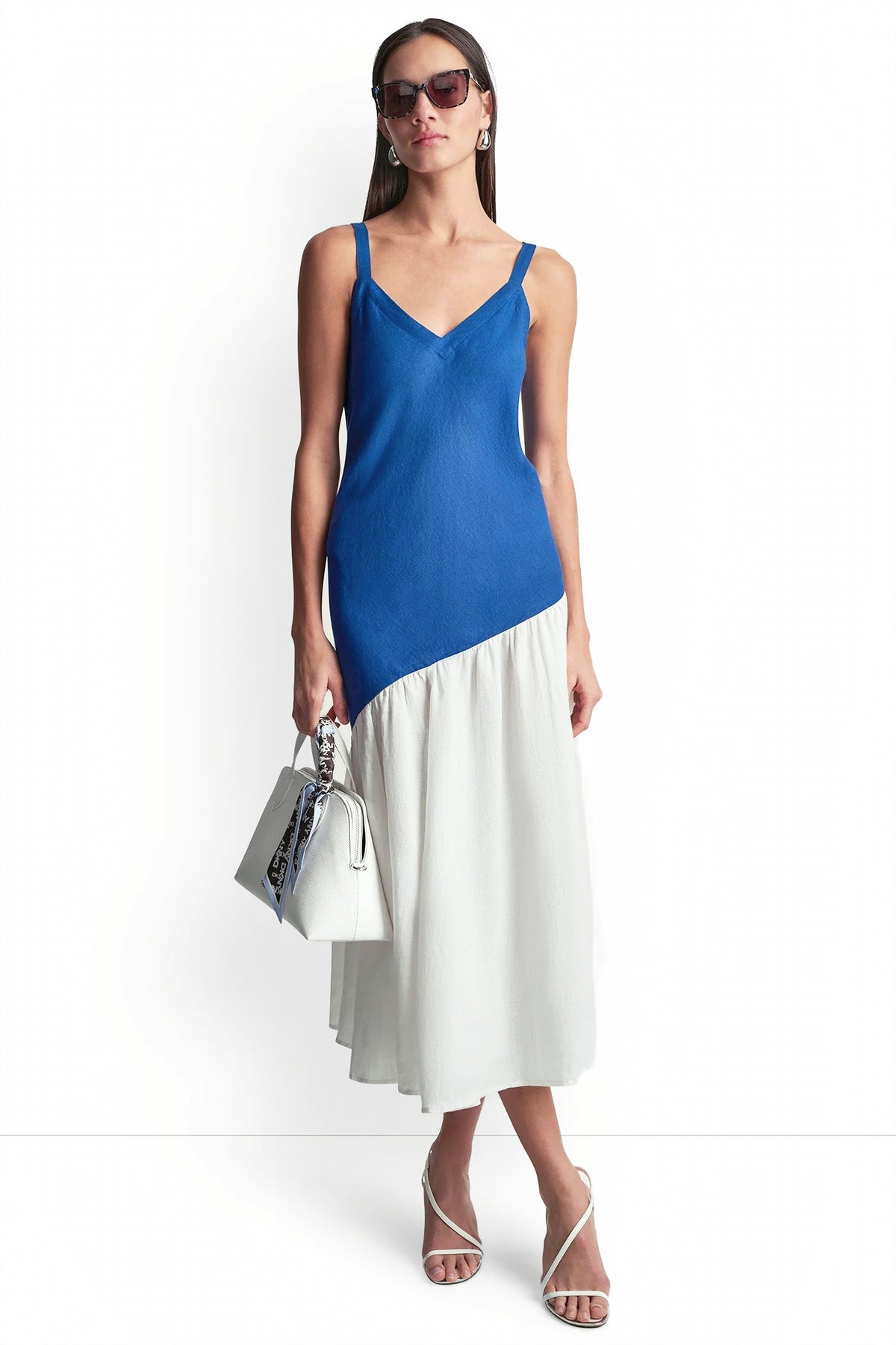 LINEN SLEEVELESS TWO-TONE MIDI DRESS View 1 | Dresses Under $100