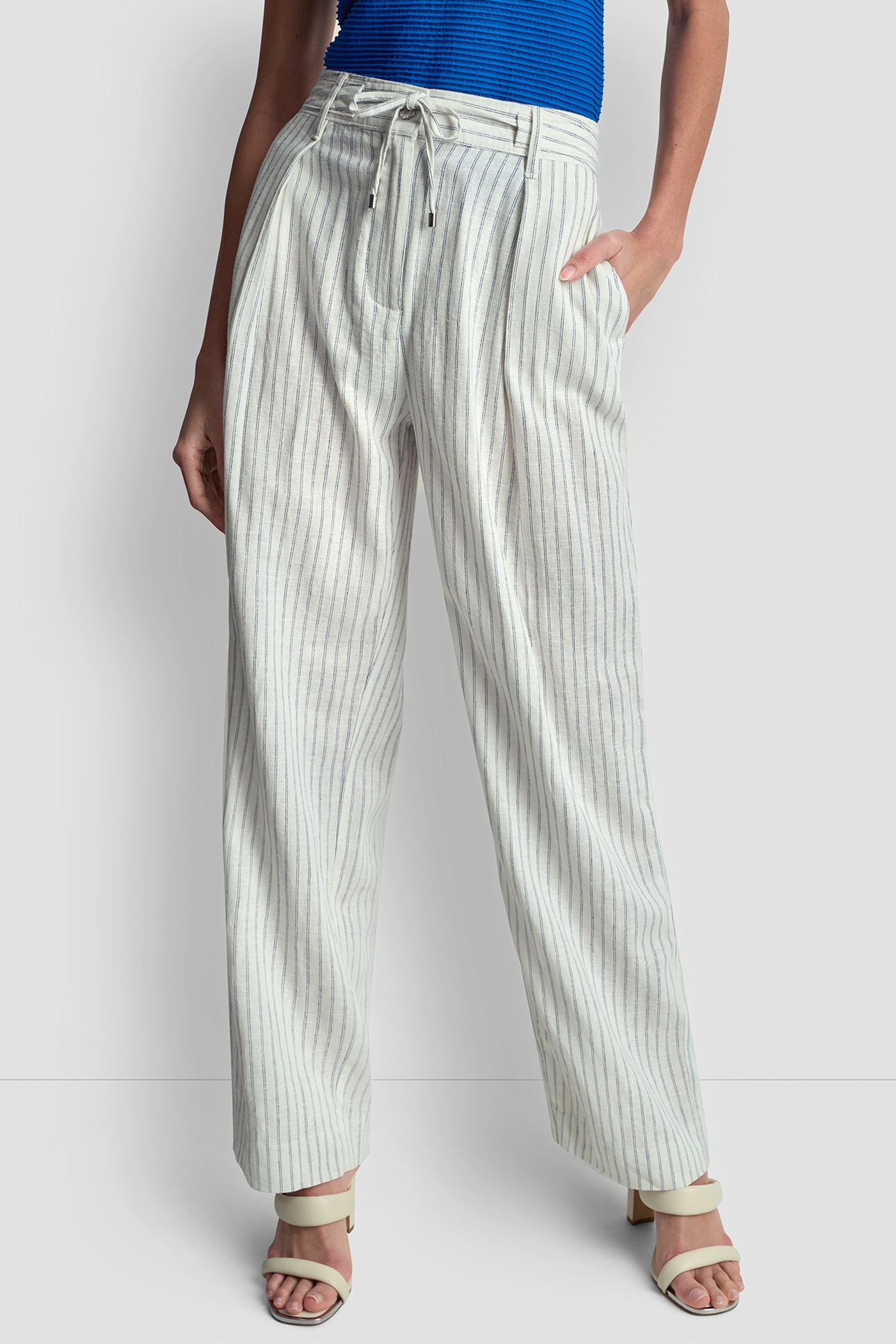 Ivory/Admiral LINEN-BLEND PINSTRIPE PLEATED PANT, FRONT VIEW | SPRING 2026