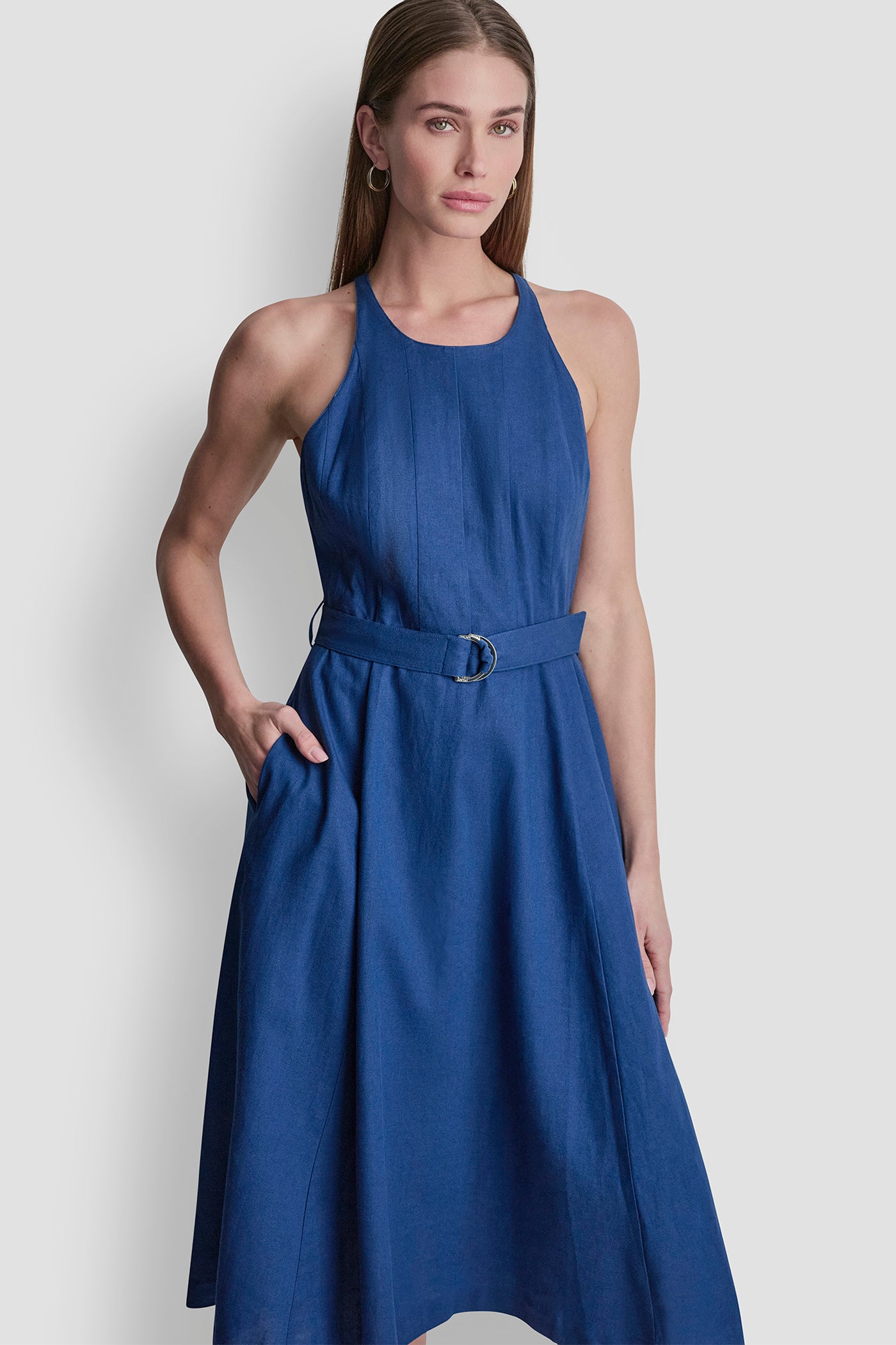 LINEN-BLEND BELTED MIDI DRESS VIEW 3