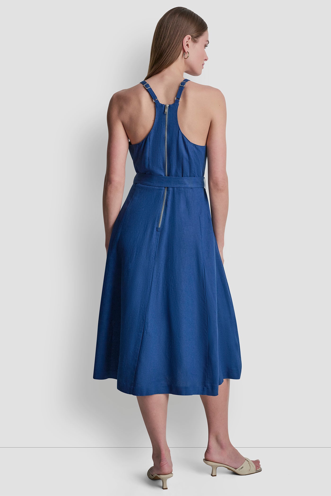Linen Blend Belted Midi Dress | Fit and Flare | DKNY Linen Blend Belted Midi Dress | Fit and Flare | DKNY