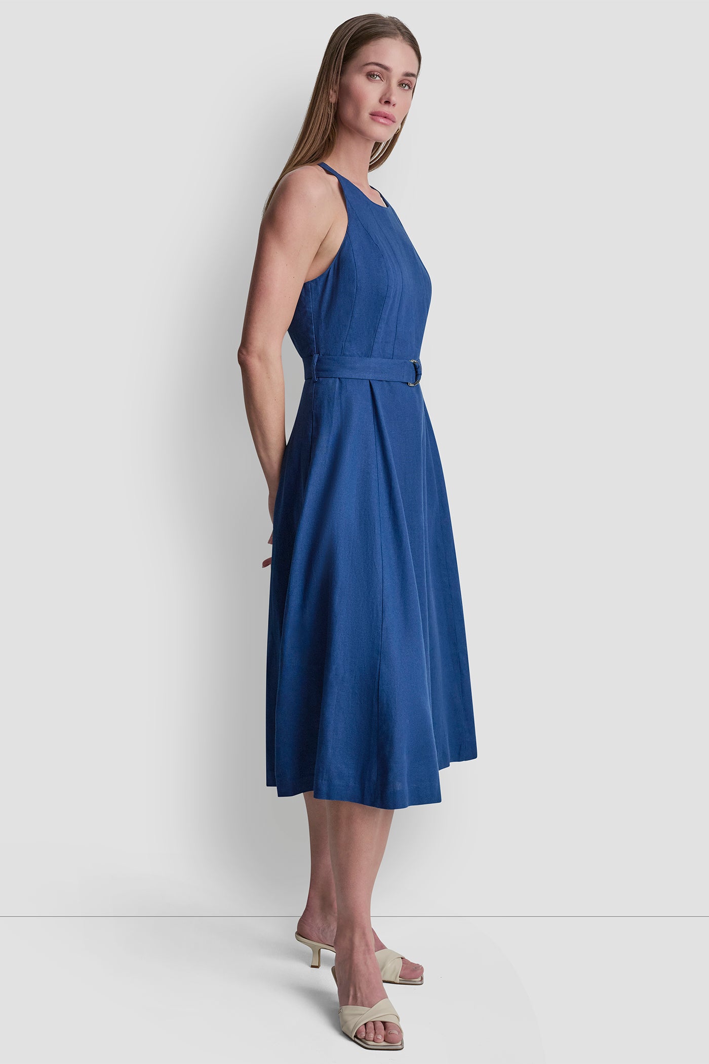 LINEN-BLEND BELTED MIDI DRESS VIEW 4