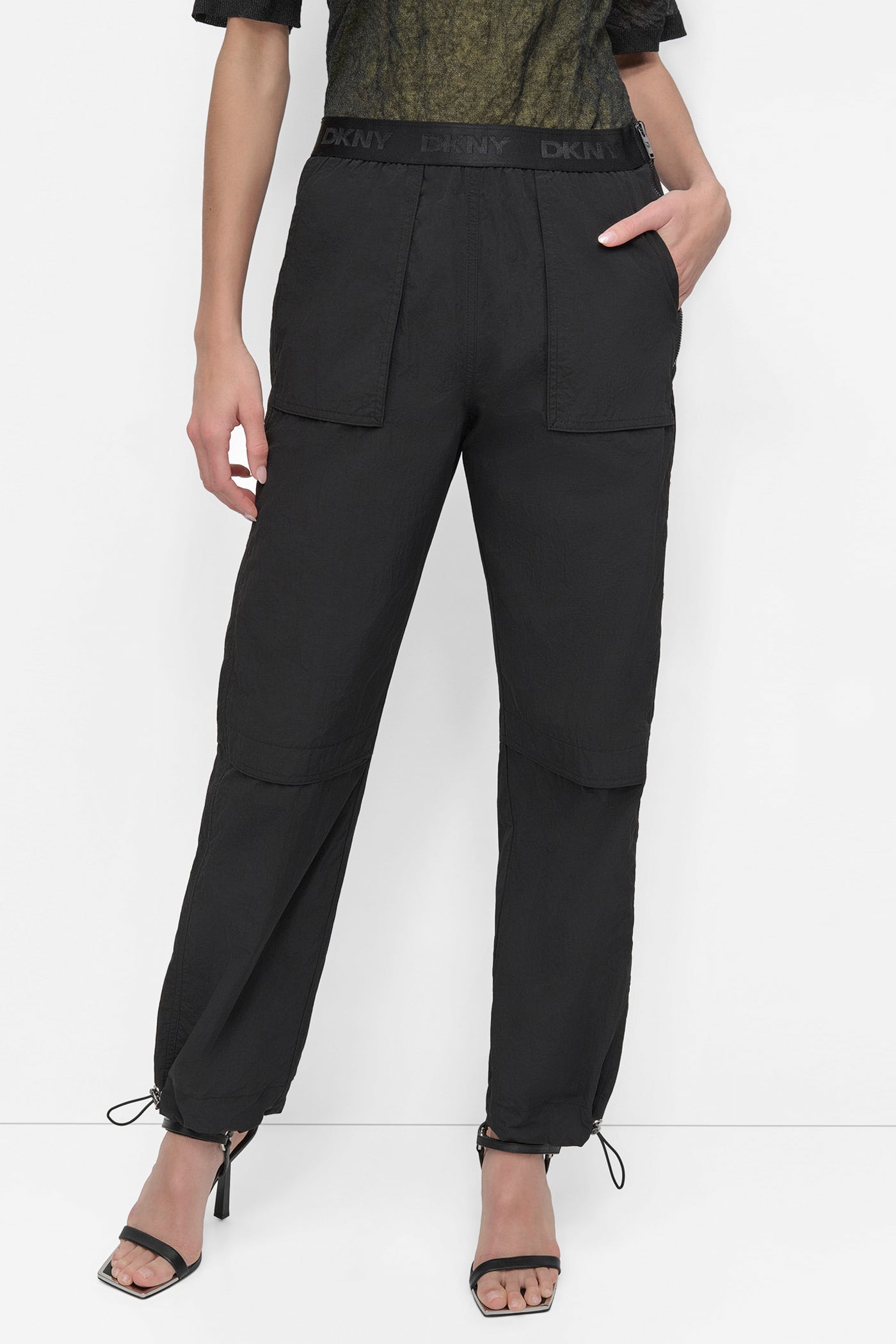 Black RUMPLE TECH NYLON BUNGEE JOGGER, FRONT VIEW | Sweatshirts & Joggers