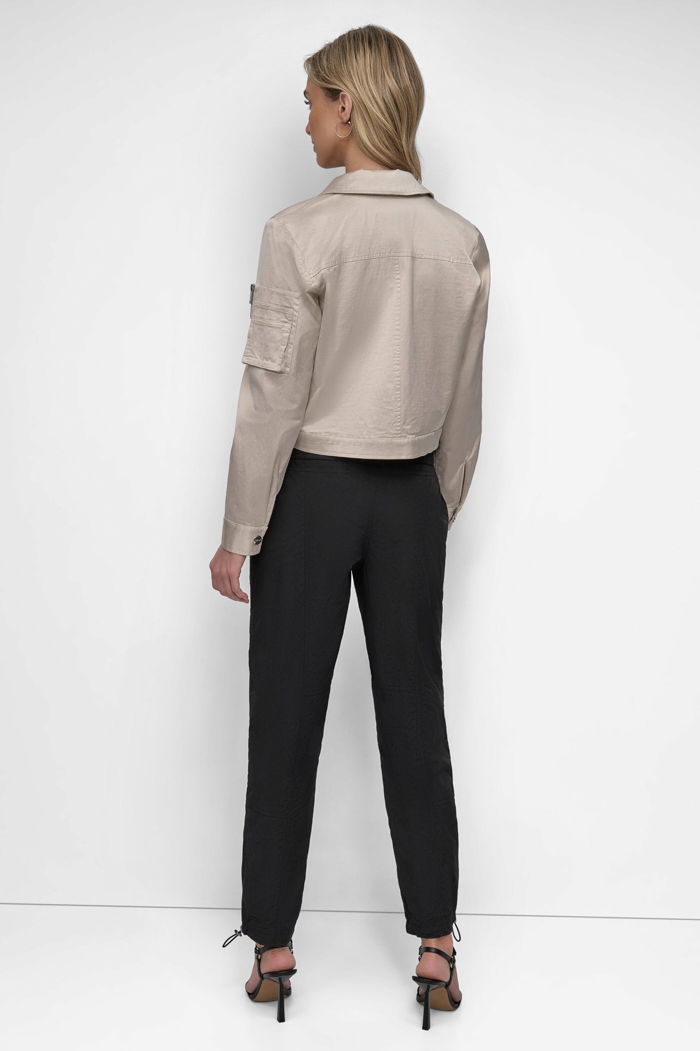 LIGHT CITY KHAKI LONG SLEEVE CROPPED SATEEN JACKET, BACK VIEW | Jackets & Blazers