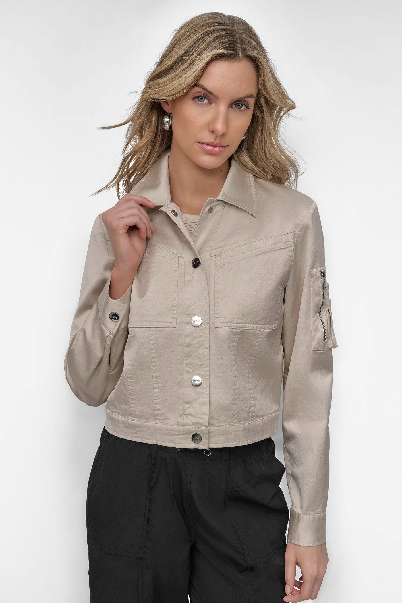 LIGHT CITY KHAKI LONG SLEEVE CROPPED SATEEN JACKET, FRONT VIEW | Jackets & Blazers