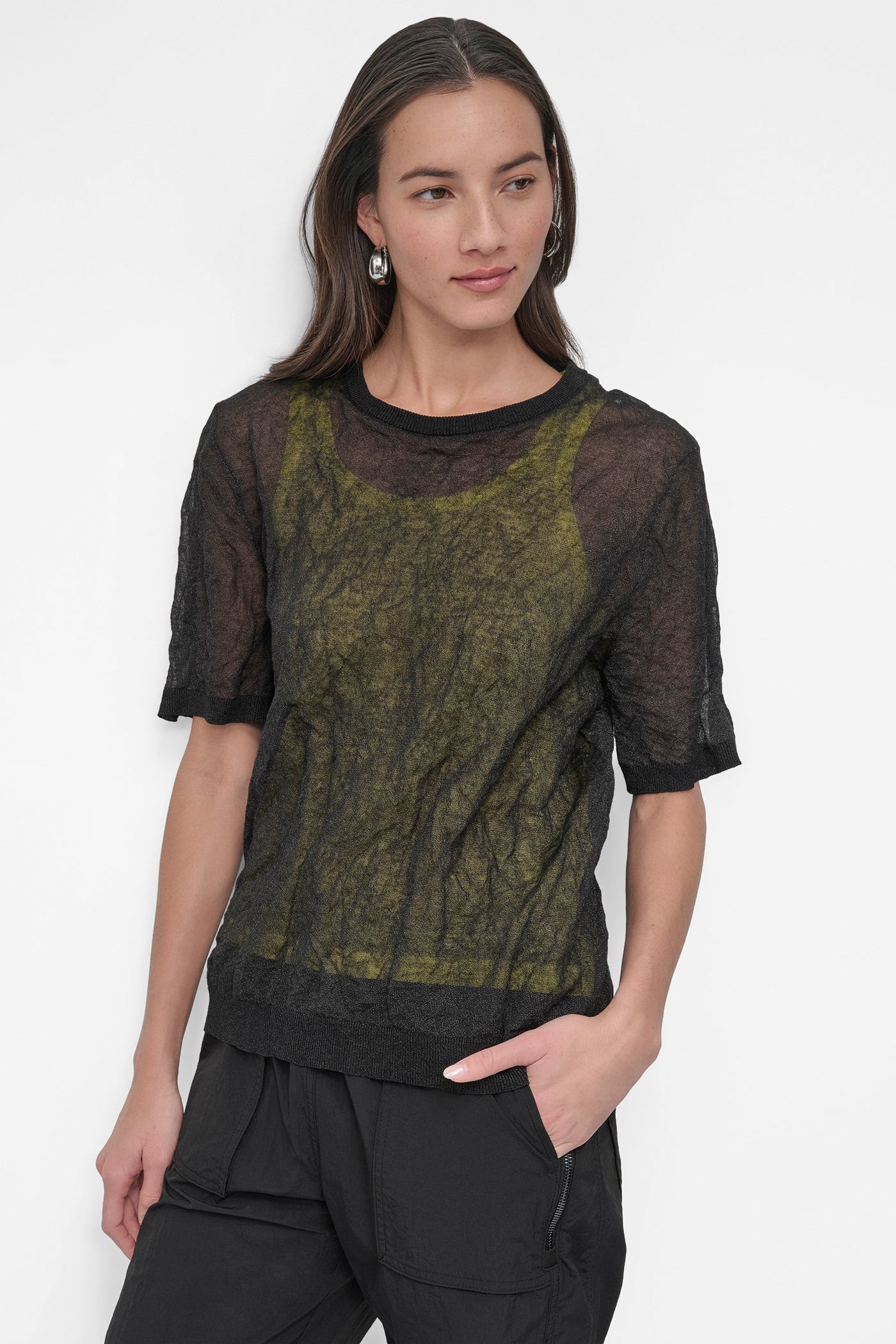 Black/Daffodil DOUBLE LAYER TANK TEE, FRONT VIEW | WOMEN'S SWEATERS & TOPS