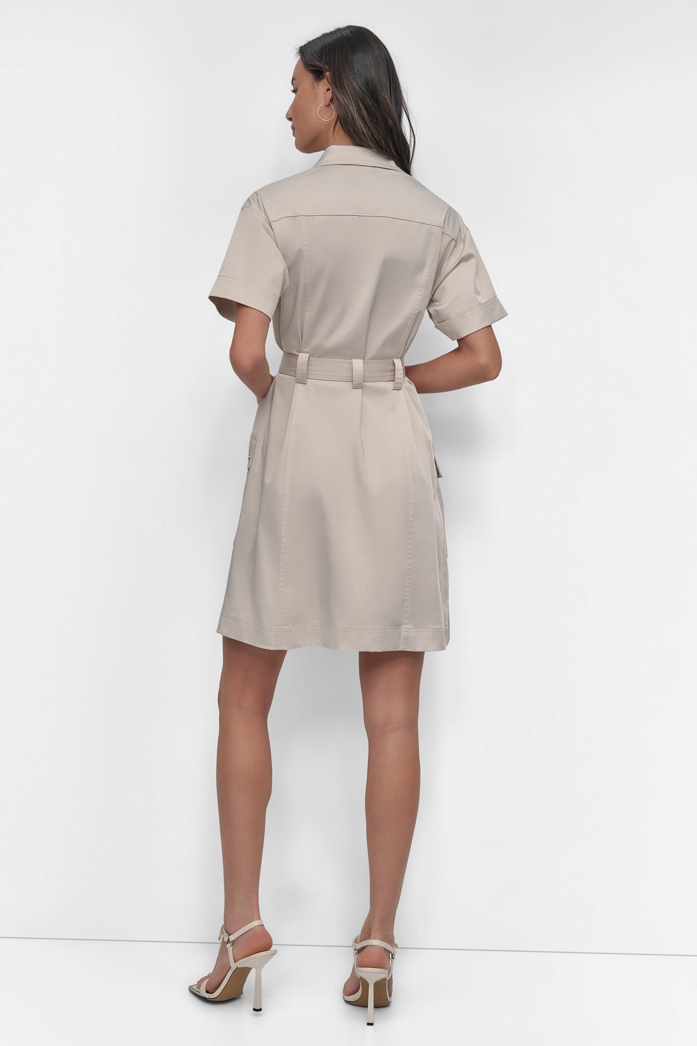 LIGHT CITY KHAKI SHIRT DRESS WITH FRONT ZIPPER, BACK VIEW | SALE DRESSES