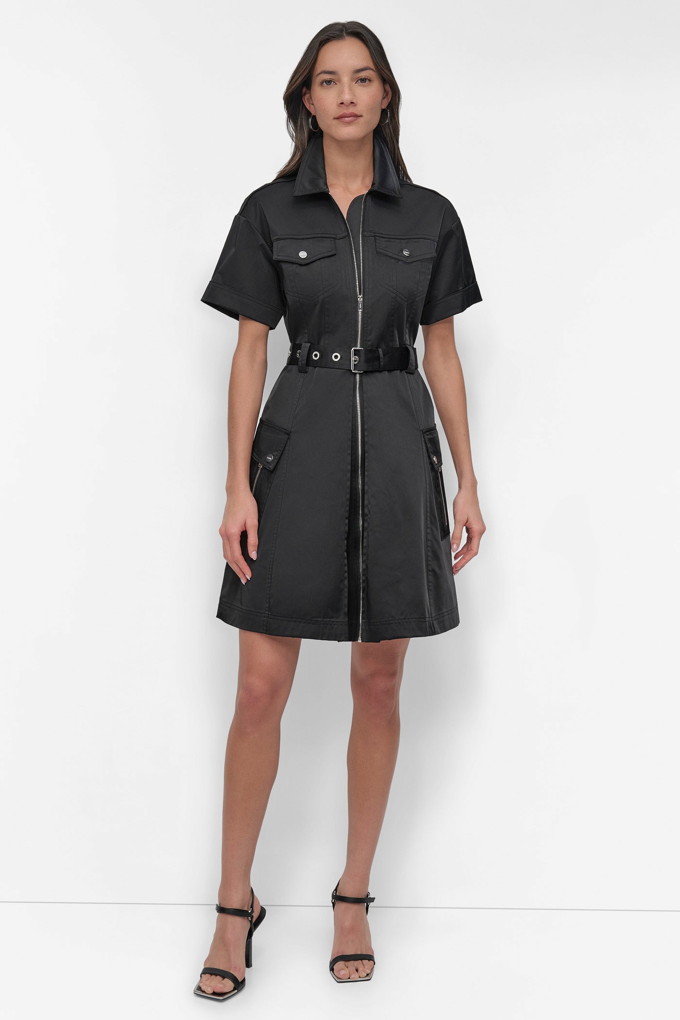 Black SHIRT DRESS WITH FRONT ZIPPER, FRONT VIEW | Summer Essentials