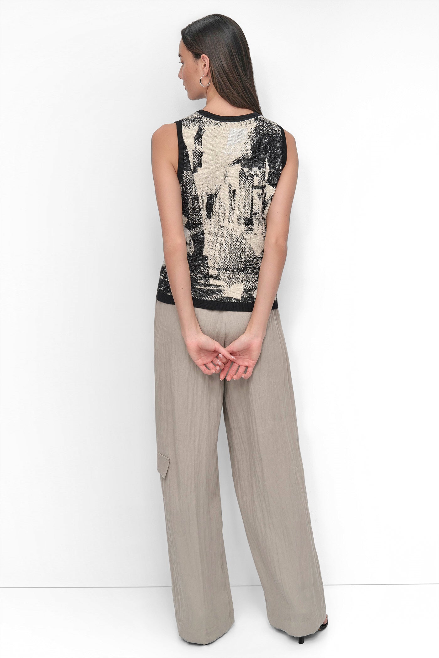 COLLAGE BLACK SLEEVELESS BOUCLE PRINTED SWEATER, BACK VIEW | DKNY Promo