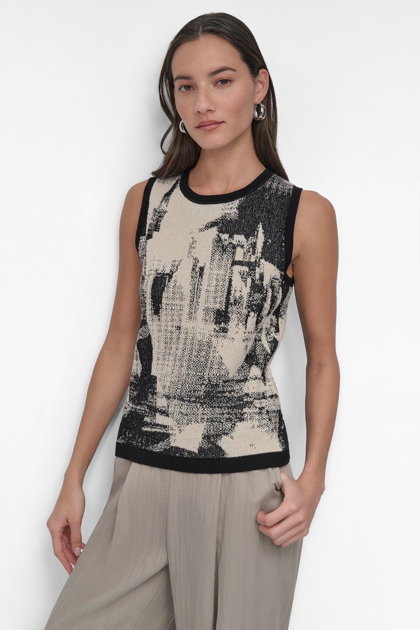 COLLAGE BLACK SLEEVELESS BOUCLE PRINTED SWEATER, FRONT VIEW | Summer Essentials