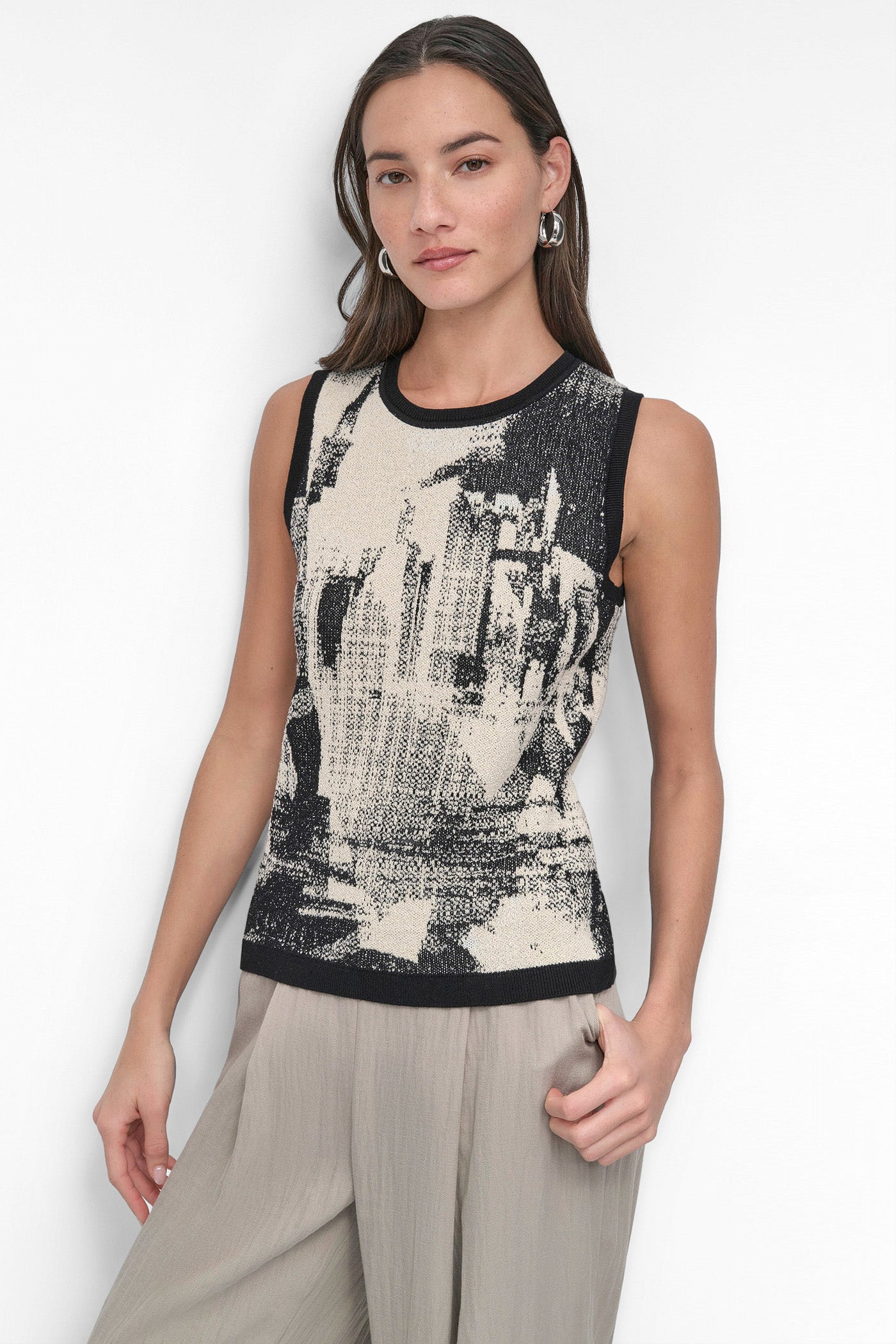 COLLAGE BLACK SLEEVELESS BOUCLE PRINTED SWEATER, FRONT VIEW | DKNY Promo