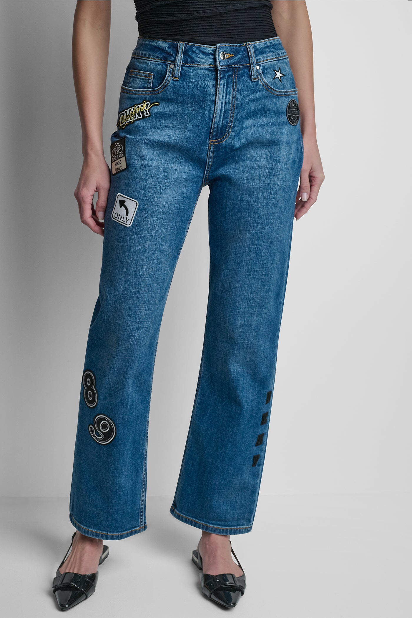 Tribeca MID-RISE PINS & PATCHES STRAIGHT LEG JEAN, VIEW 2 | Denim Destination