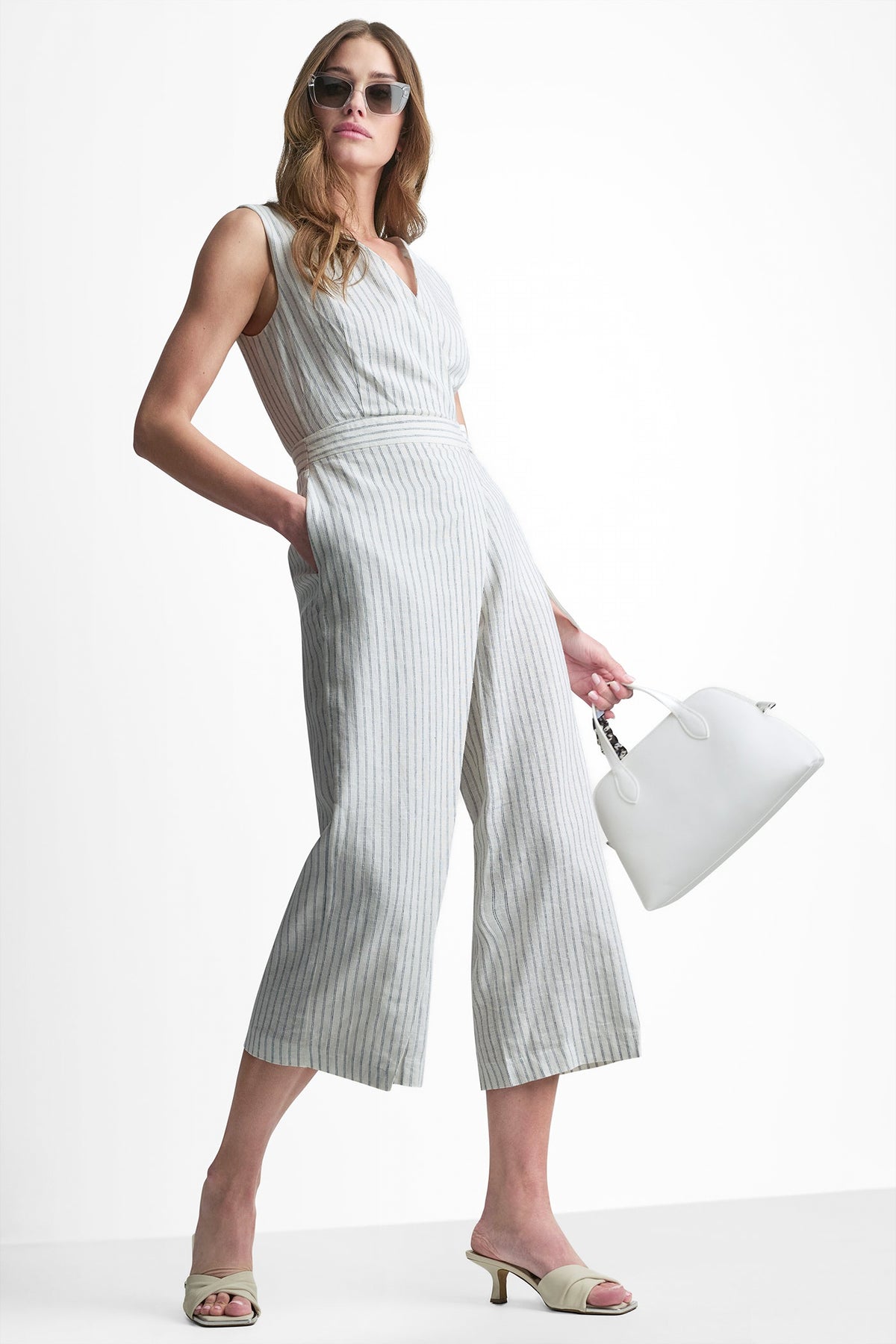 LINEN-BLEND SLEEVELESS WRAP-EFFECT STRIPED JUMPSUIT VIEW 2