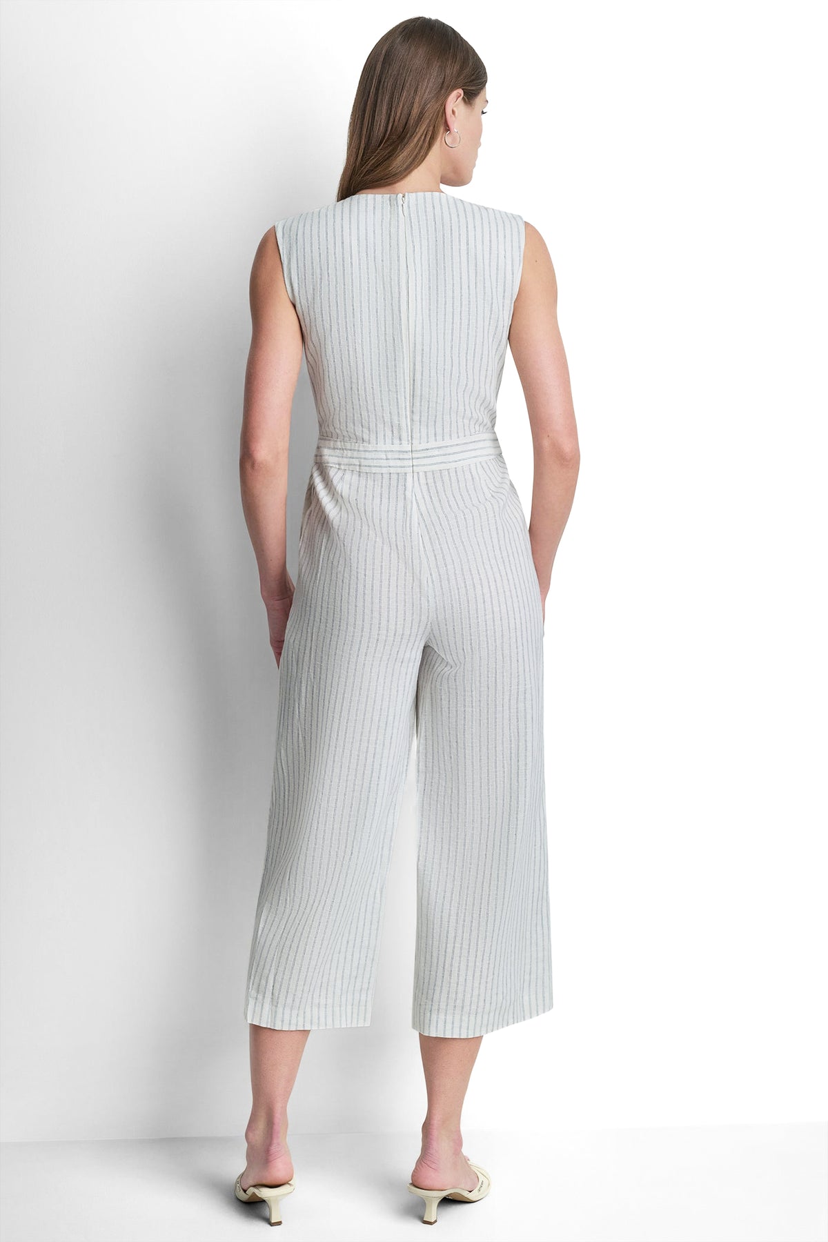 LINEN-BLEND SLEEVELESS WRAP-EFFECT STRIPED JUMPSUIT VIEW 2