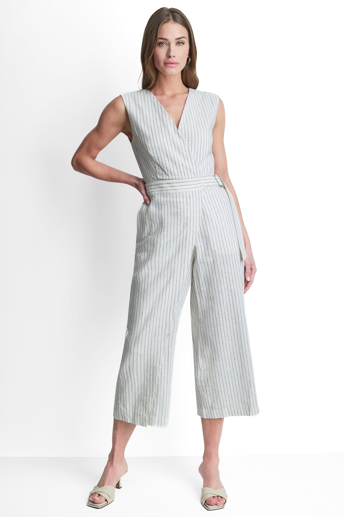 LINEN-BLEND SLEEVELESS WRAP-EFFECT STRIPED JUMPSUIT View 1 | Gifts Under $100