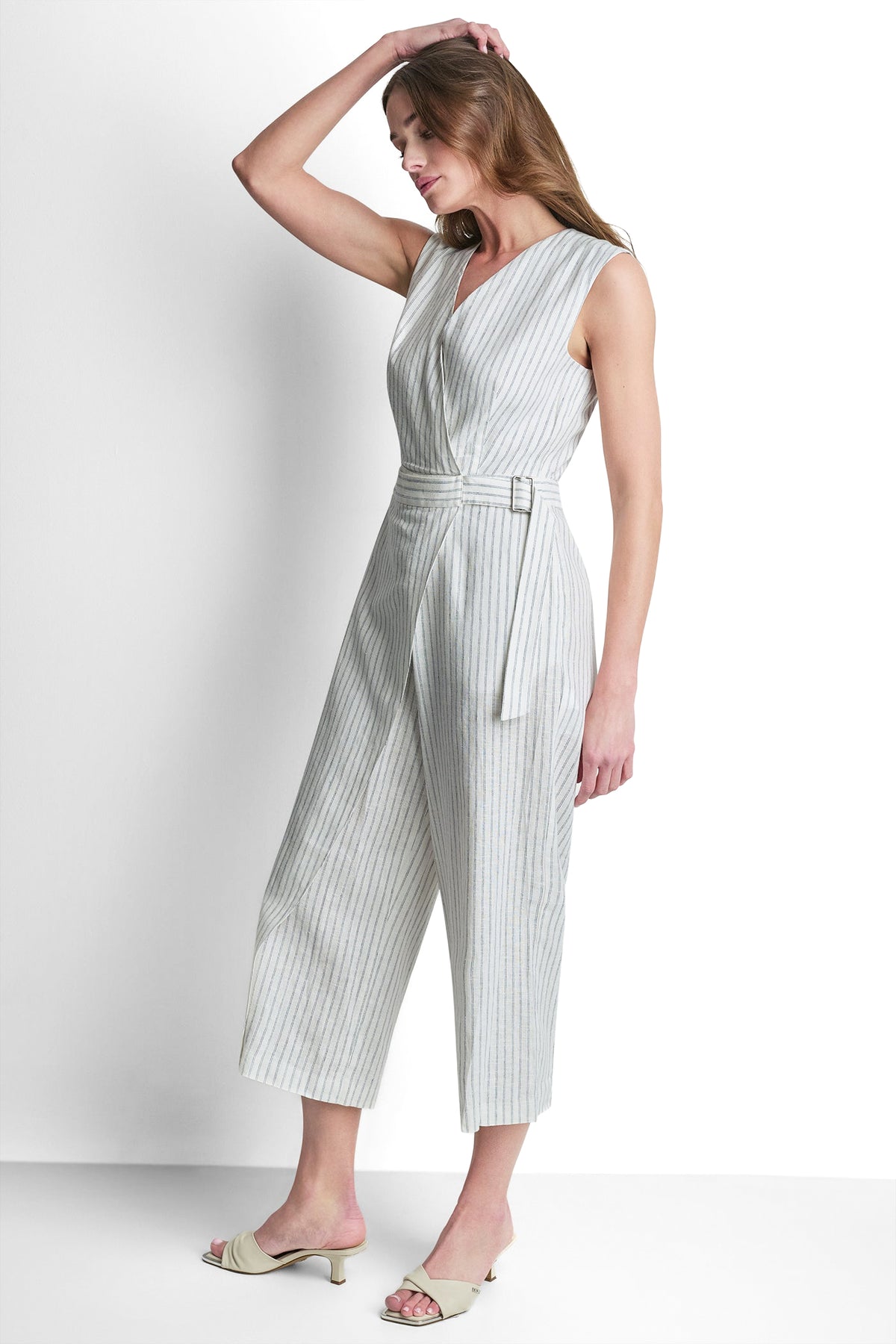 LINEN-BLEND SLEEVELESS WRAP-EFFECT STRIPED JUMPSUIT VIEW 2