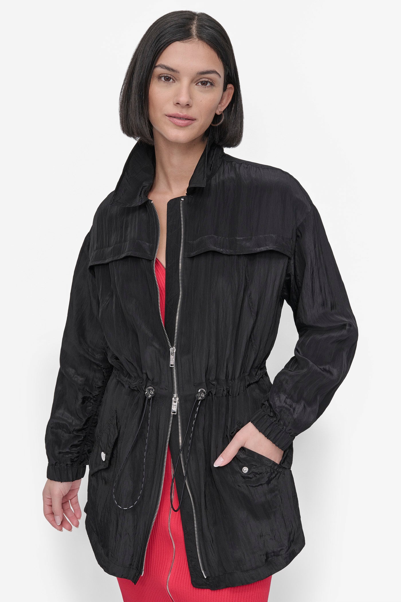 Black LONG SLEEVE TEXTURED ANARAK JACKET, FRONT VIEW | Jackets & Blazers