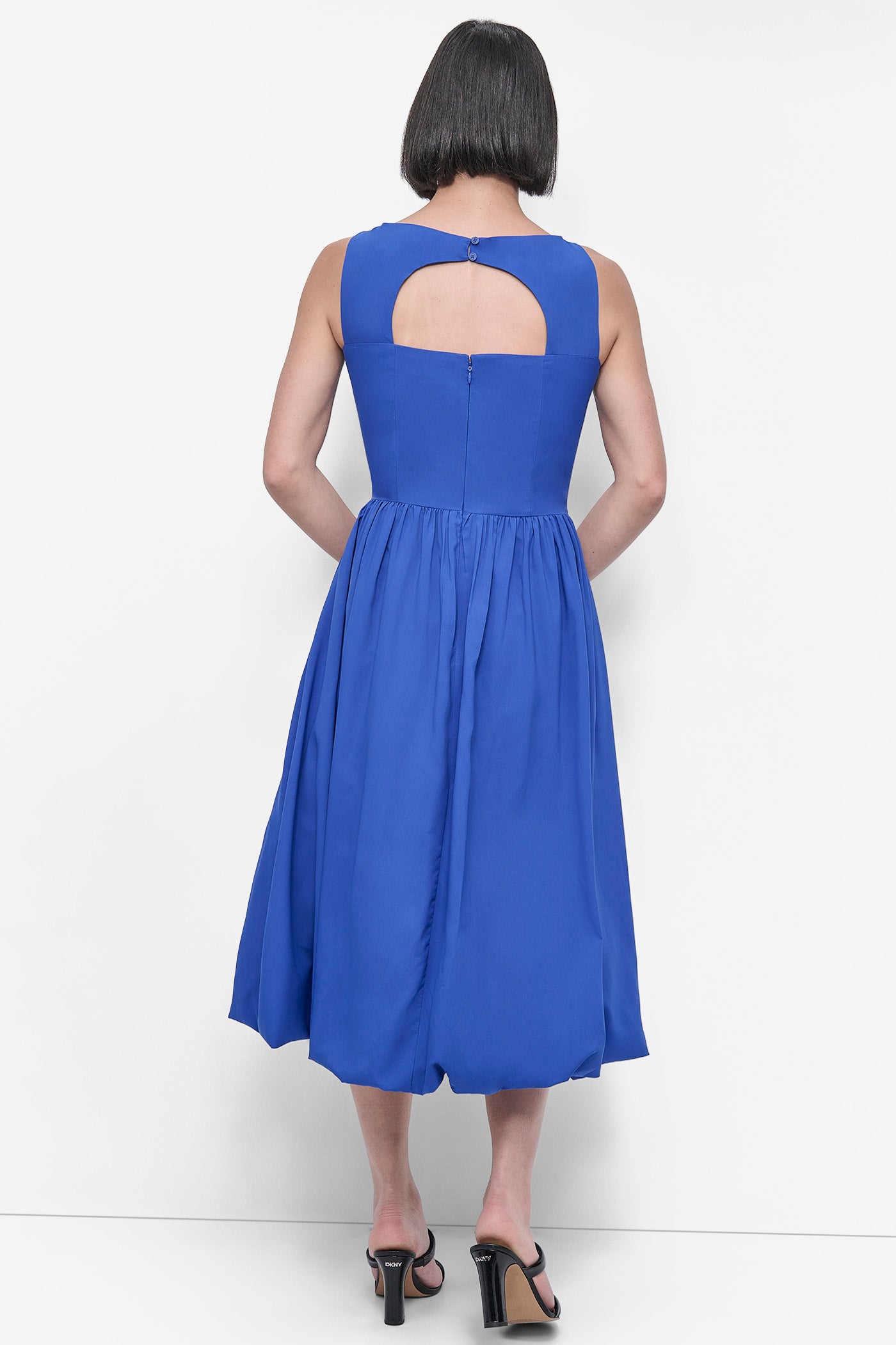 ATLANTIC BLUE SLEEVELESS BOAT NECK DROP WAIST DRESS, BACK VIEW | SALE DRESSES