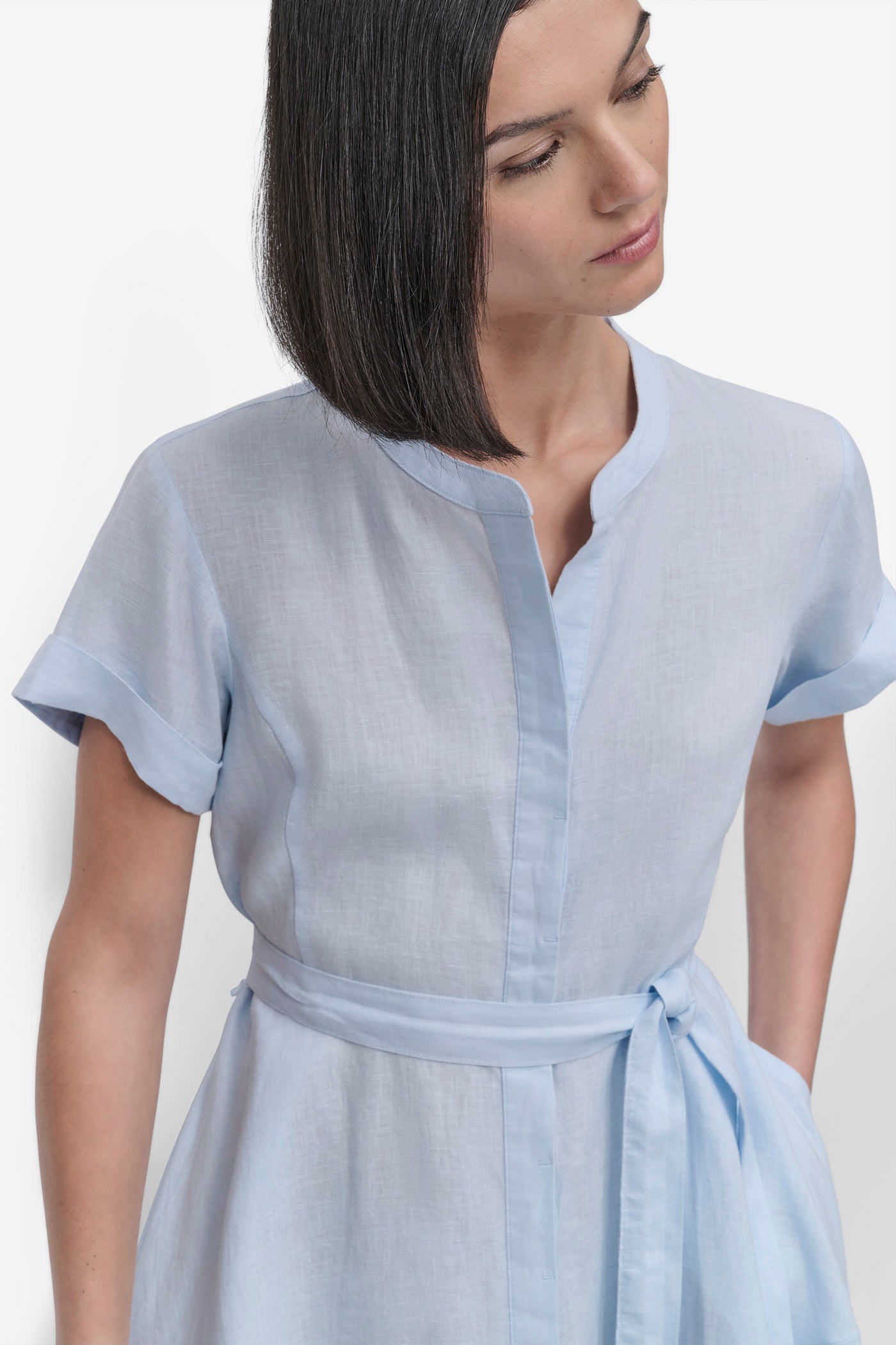 SHORT SLEEVE LINEN WRAP DRESS VIEW 6 | 9-5 Edit