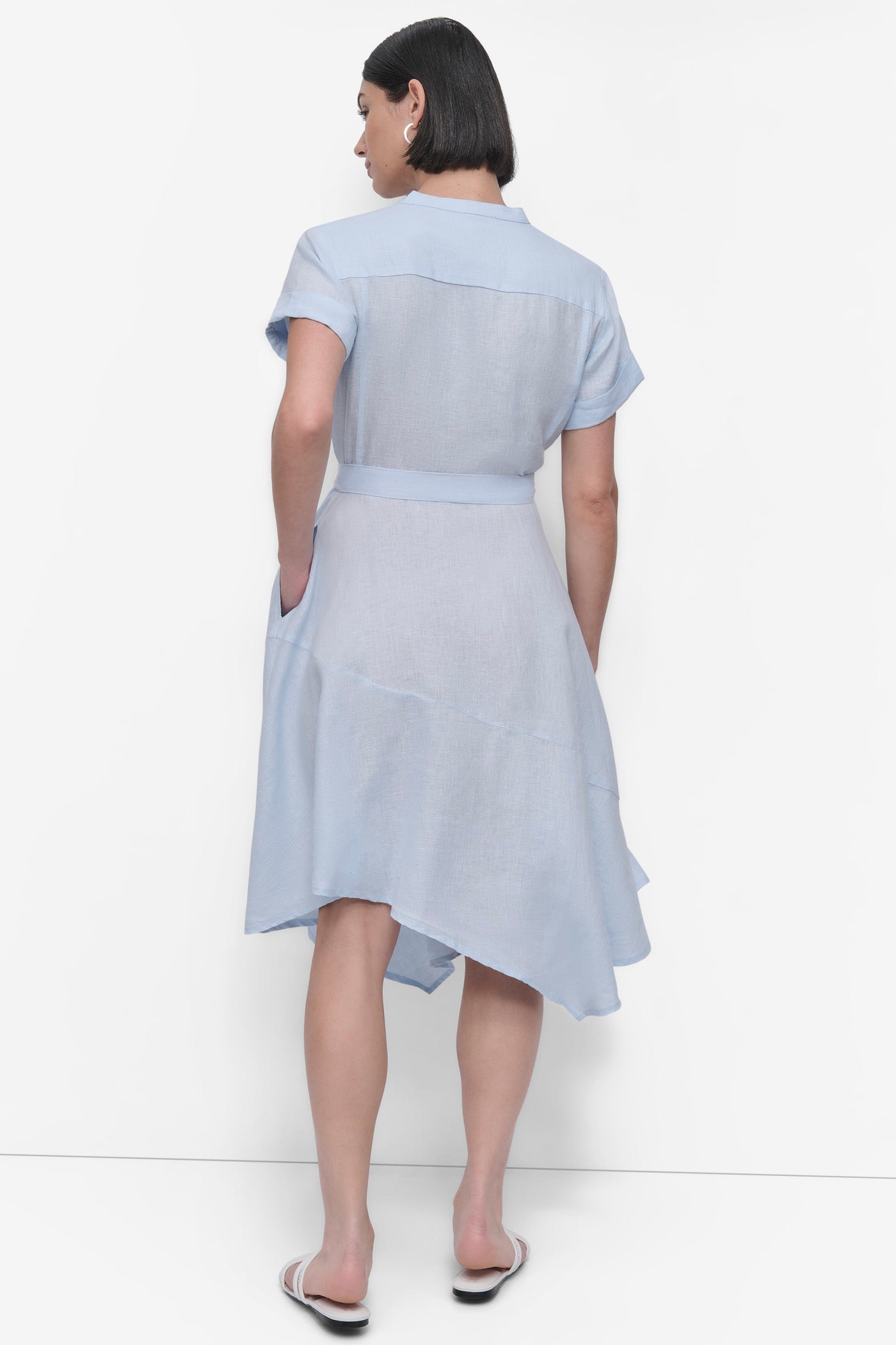 Skyway Blue SHORT SLEEVE LINEN WRAP DRESS, BACK VIEW | 9-5 Edit