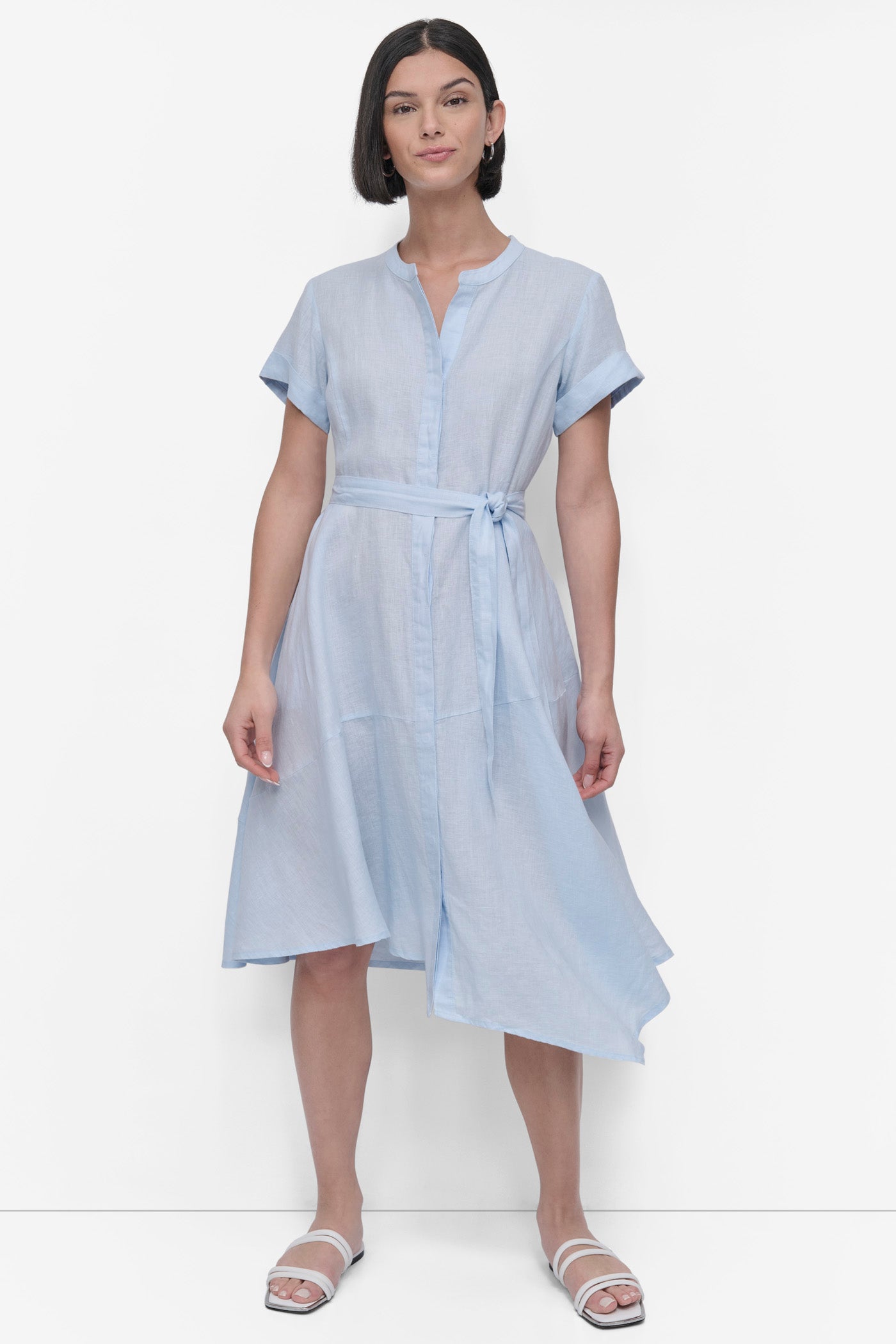 Skyway Blue SHORT SLEEVE LINEN WRAP DRESS, FRONT VIEW | 9-5 Edit