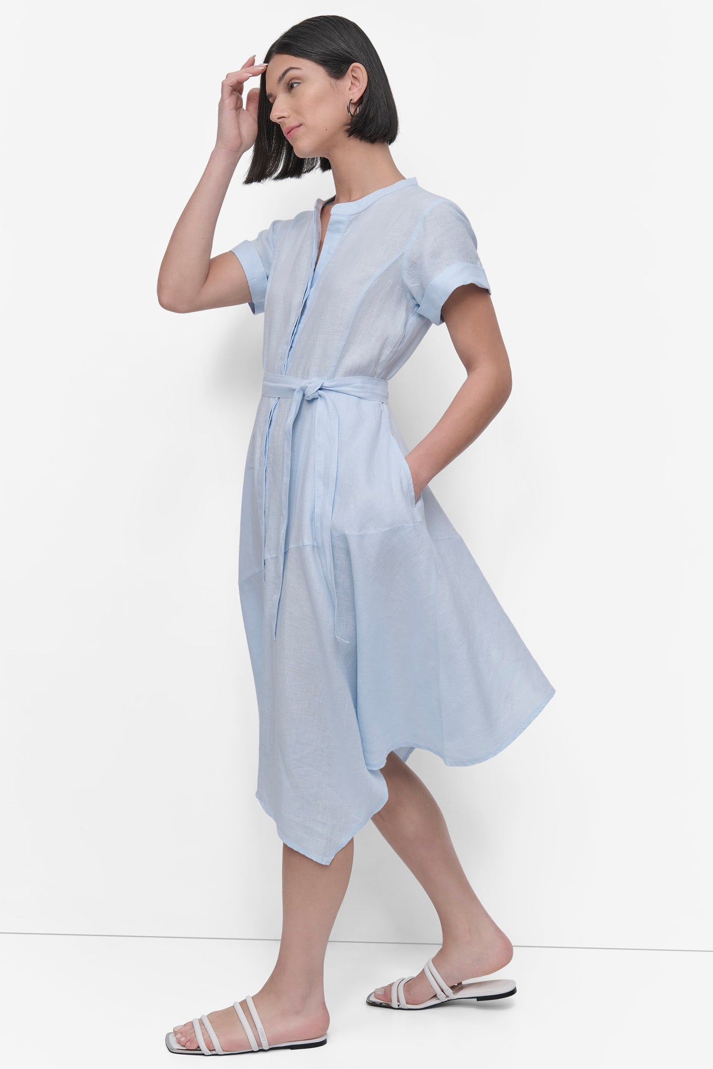 SHORT SLEEVE LINEN WRAP DRESS VIEW 3 | 9-5 Edit