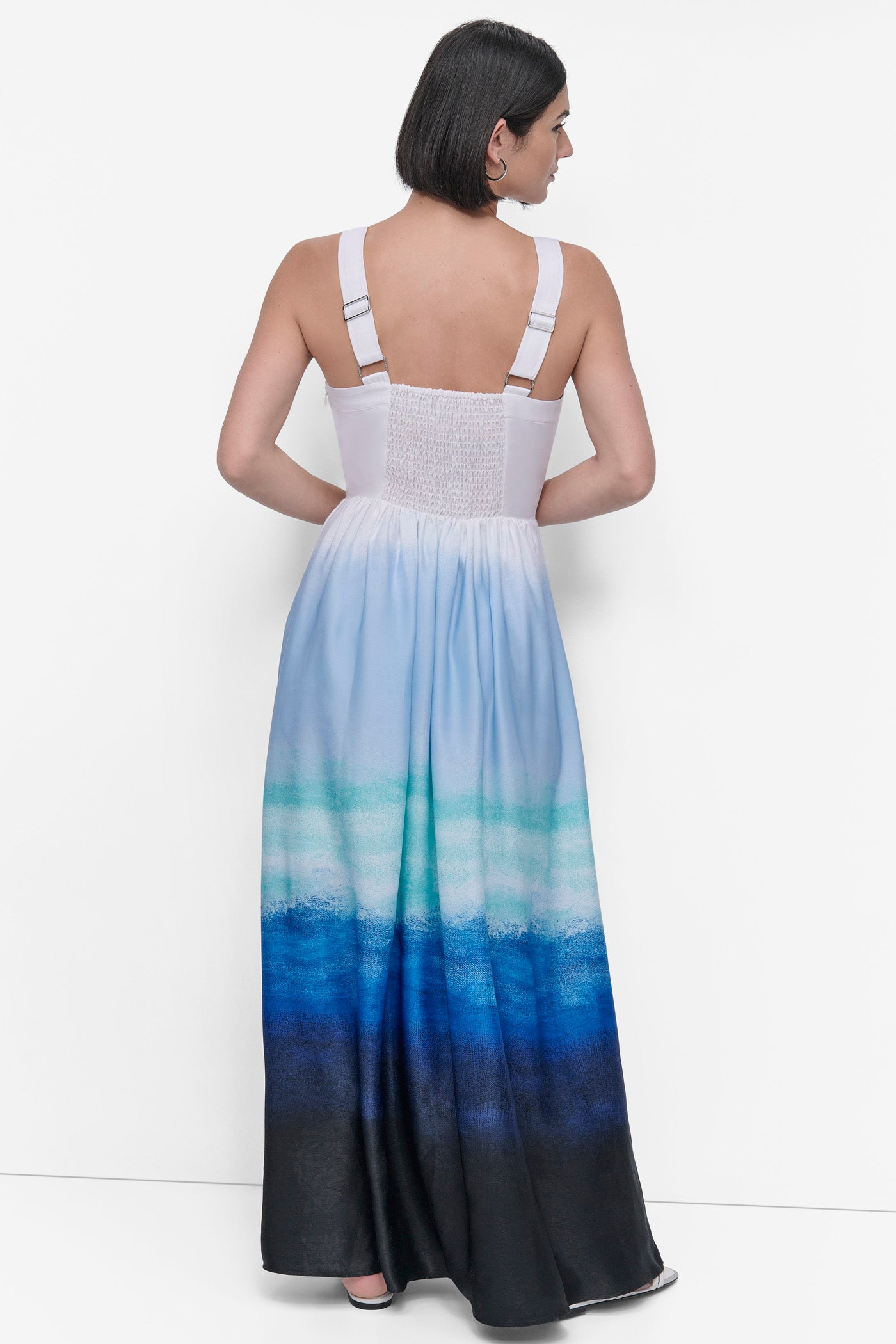 SEAFOAM OMBRE SLEEVELESS PRINTED SATIN DRESS, BACK VIEW | SALE DRESSES