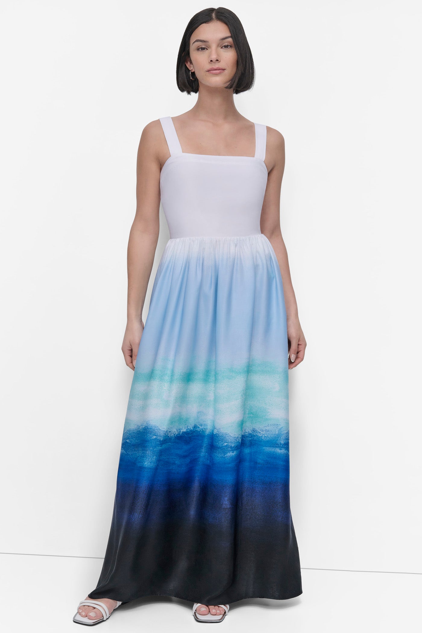 SEAFOAM OMBRE SLEEVELESS PRINTED SATIN DRESS, FRONT VIEW | SALE DRESSES