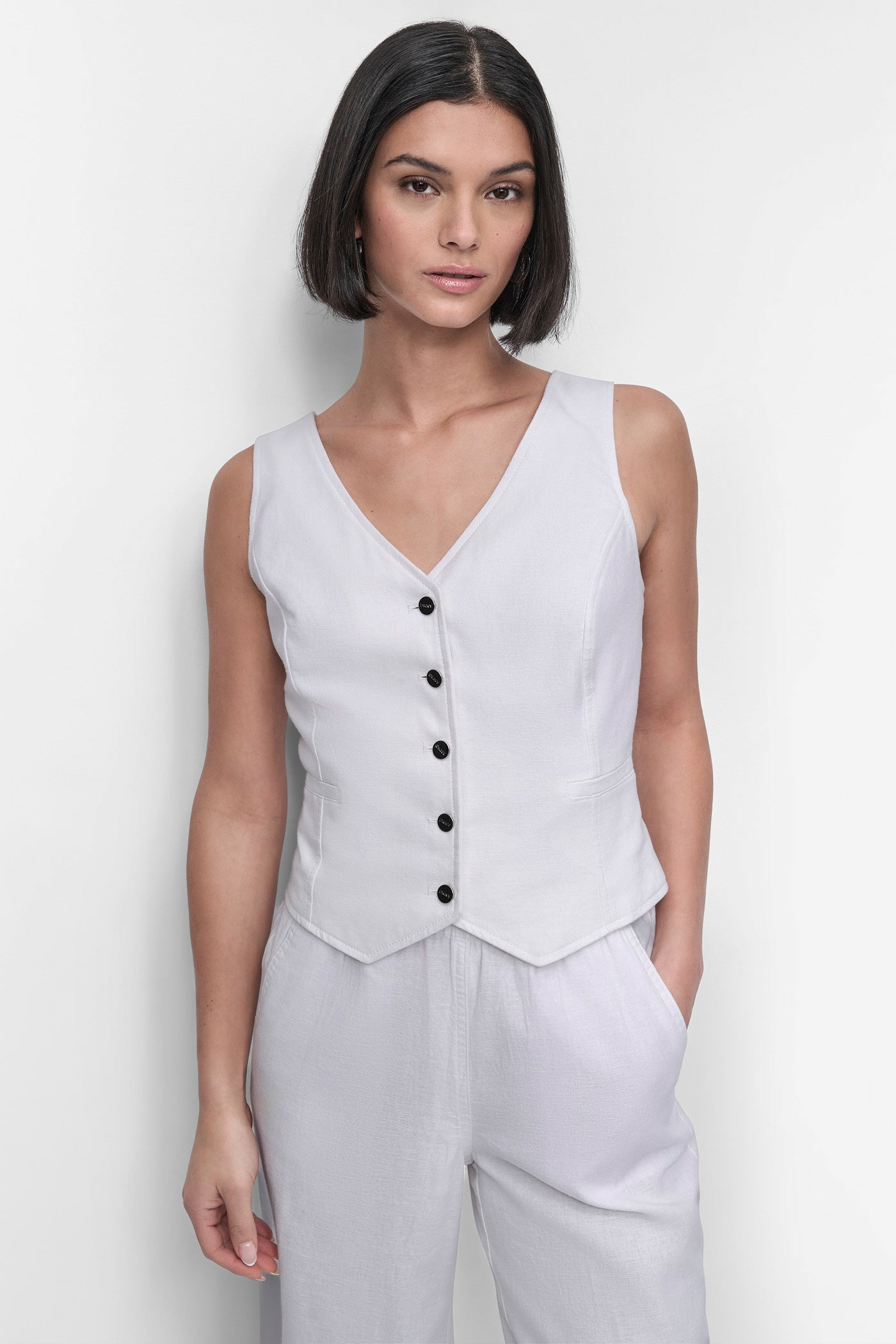 White SLEEVELESS LINEN VISCOSE VEST, FRONT VIEW | Summer Essentials