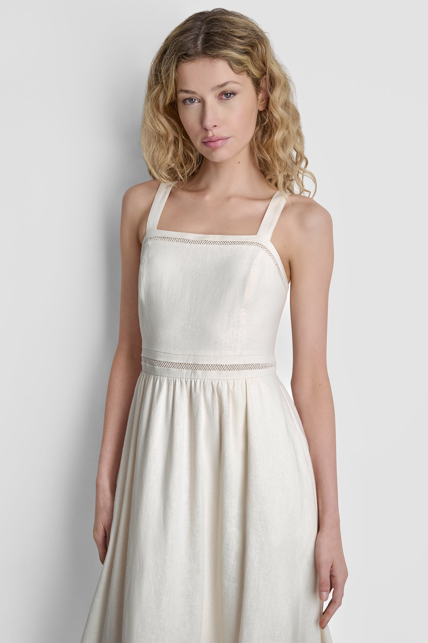 Coconut LINEN-BLEND LACE-TRIMMED MIDI DRESS, BACK VIEW | New Arrivals