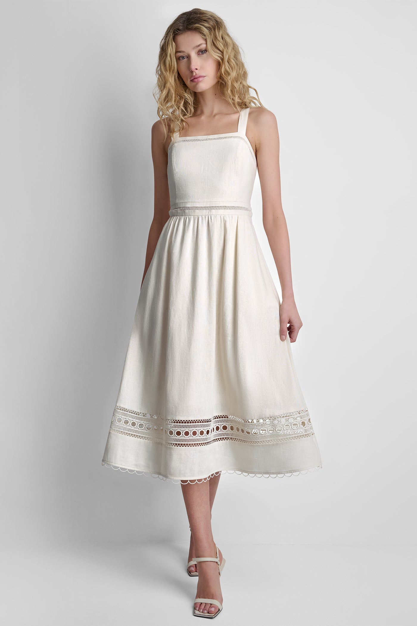Coconut LINEN-BLEND LACE-TRIMMED MIDI DRESS, FRONT VIEW | New Arrivals