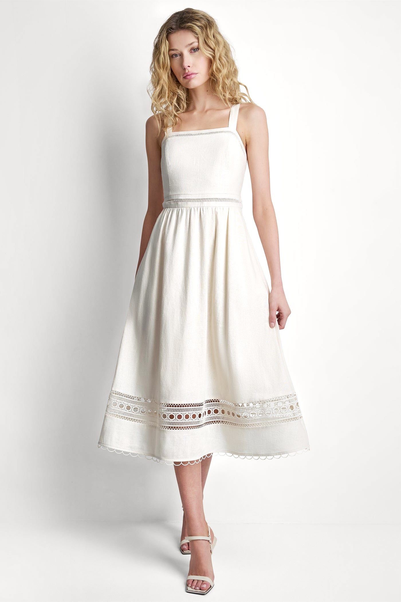Linen Blend Lace Trimmed Midi Dress | A-Line Dress | DKNY Linen Blend Lace Trimmed Midi Dress | A-Line Dress | DKNY