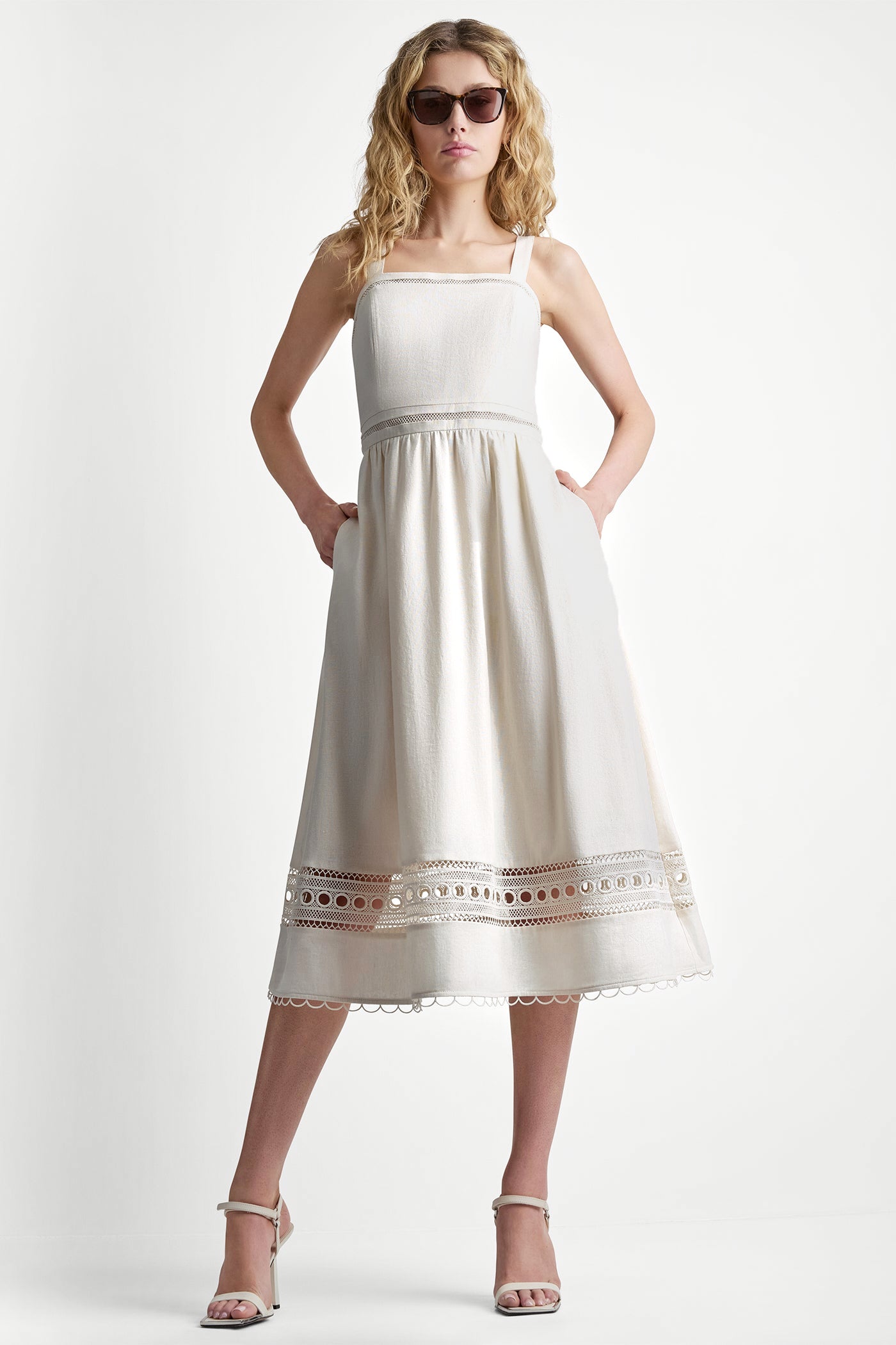 LINEN-BLEND LACE-TRIMMED MIDI DRESS VIEW 9