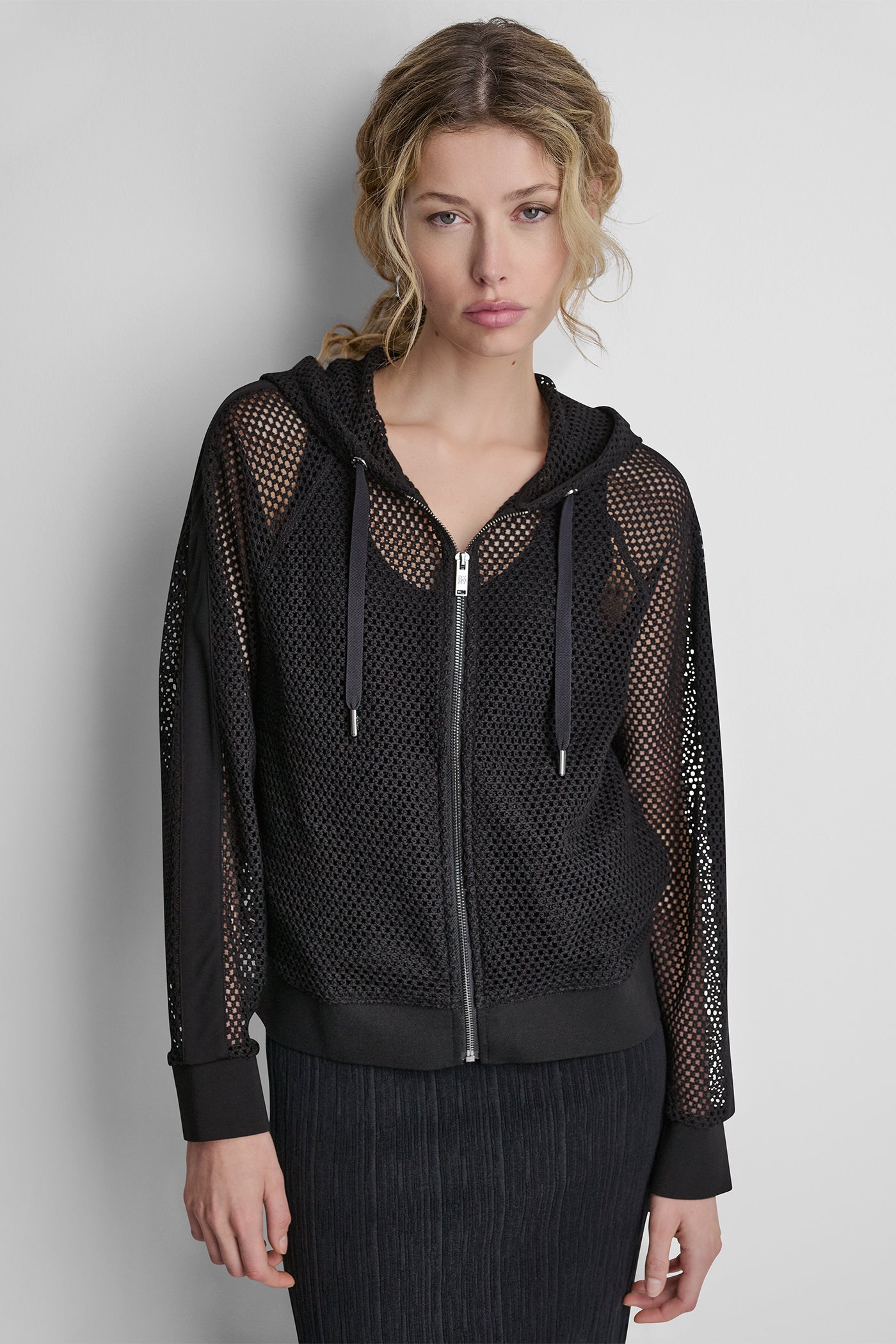 Black MESH LOGO ZIP-UP HOODIE, FRONT VIEW | New clothing
