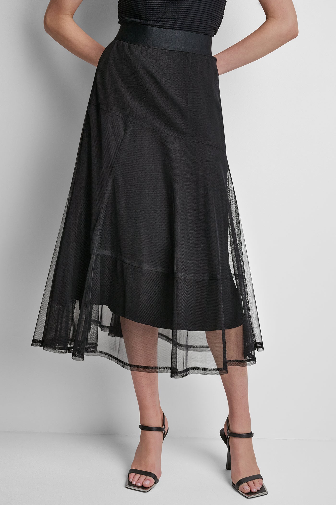 Black LAYERED MESH MIDI SKIRT, VIEW 2 | Skirts
