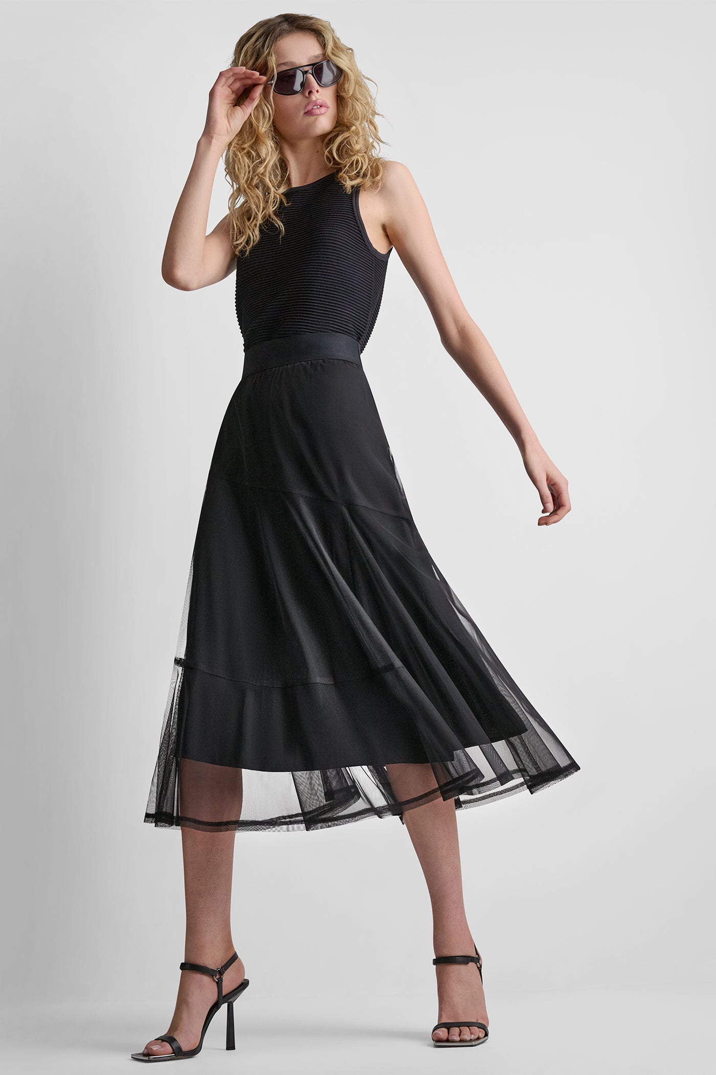 Black LAYERED MESH MIDI SKIRT, VIEW 1 | Skirts
